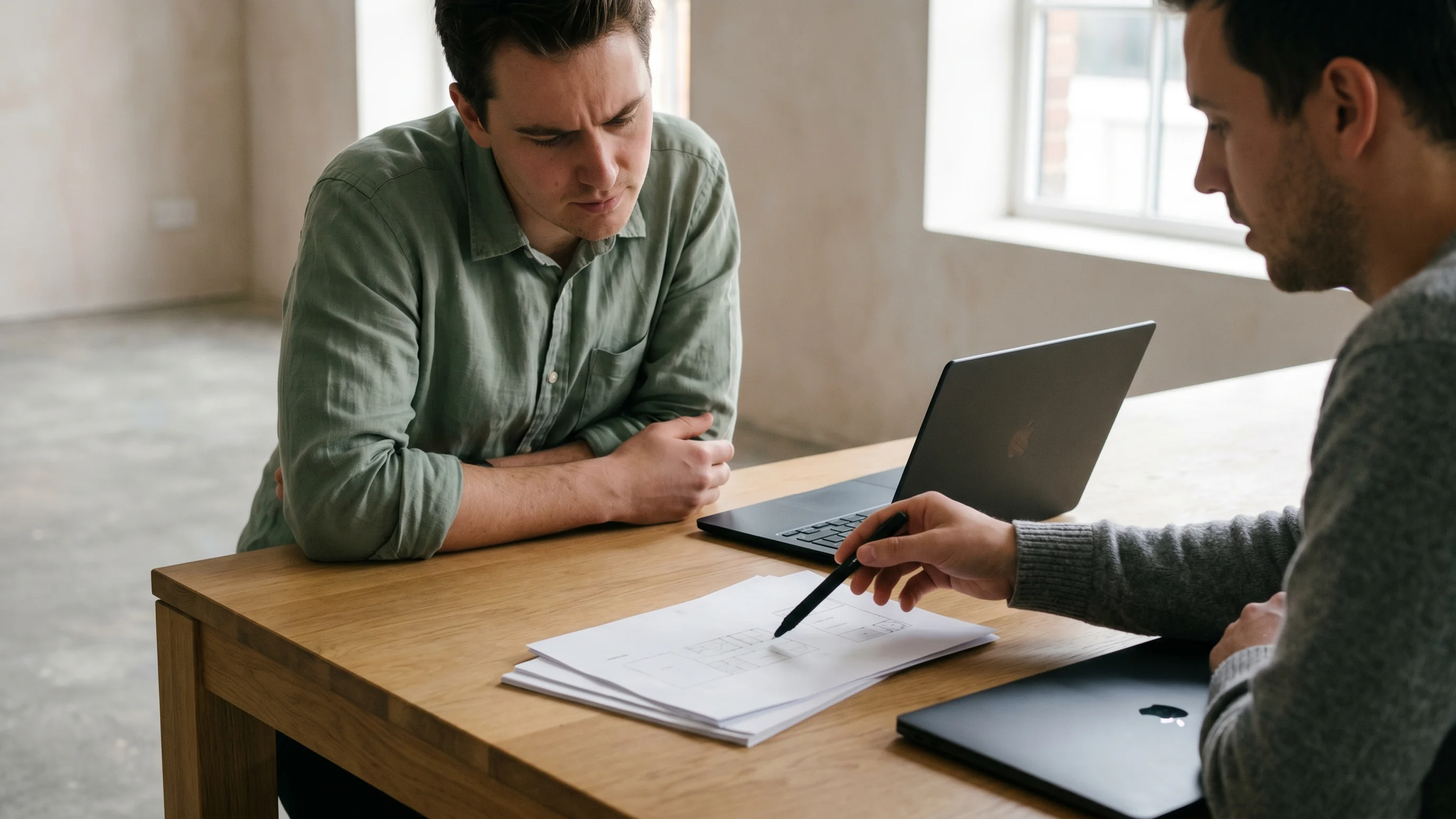 Twee collega's bespreken werkstroomdiagrammen op papier tijdens een monday.com training en adoptietraject na implementatie