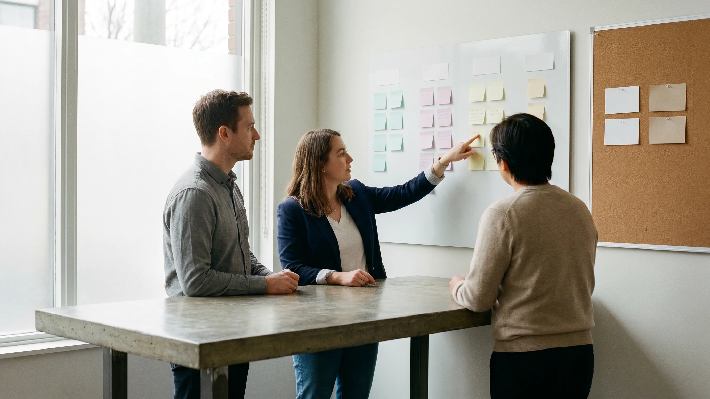 Klein team staat bij een whiteboard en bespreekt de voortgang tijdens de adoptie- en uitrolfase van een projectmanagement implementatie