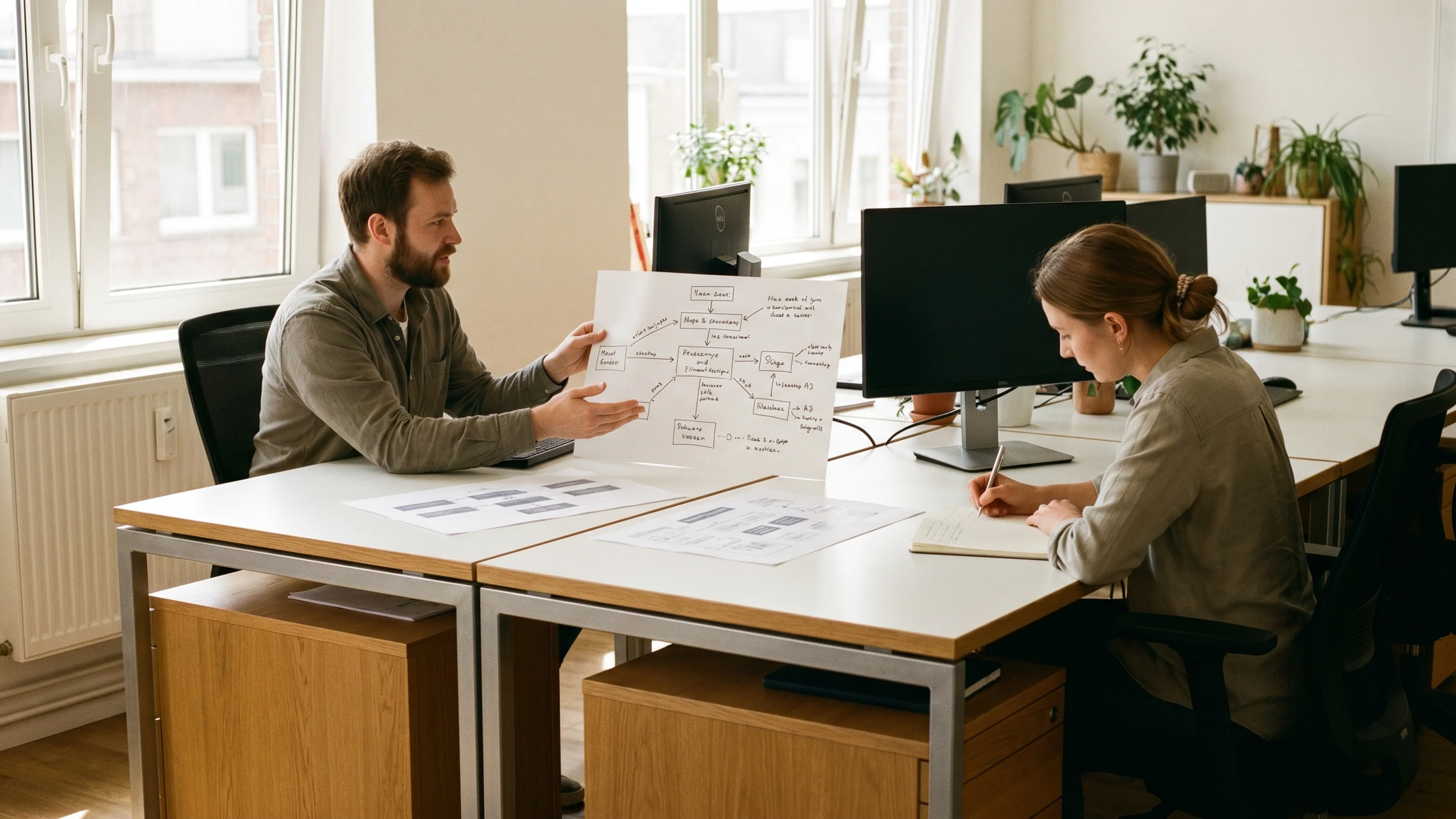 Twee collega's bespreken een processchema op papier aan een eikenhouten bureau tijdens de voorbereidingsfase van een software-implementatie