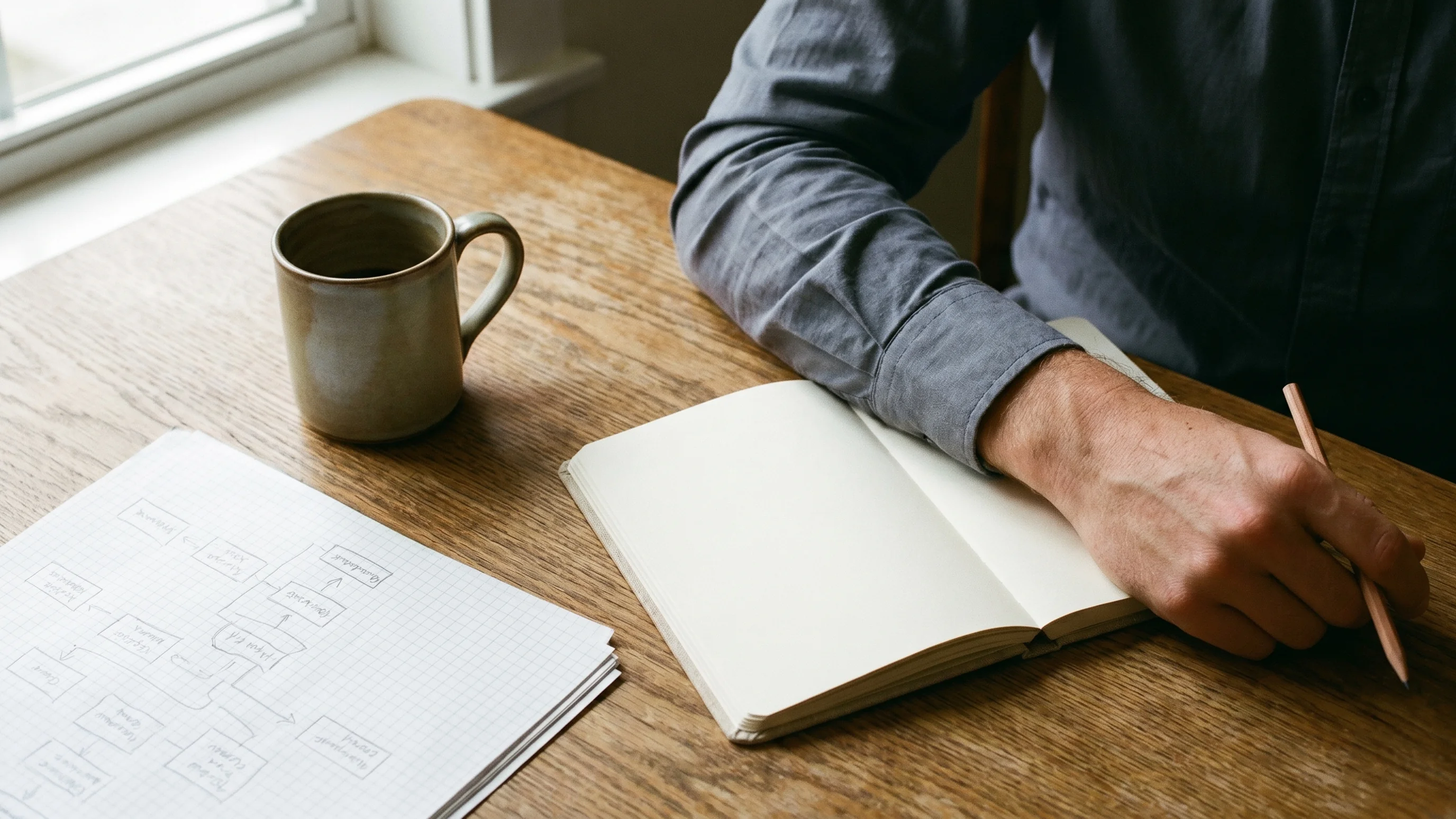 Persoon schetst een processtructuur op papier voordat een monday.com board wordt ingericht