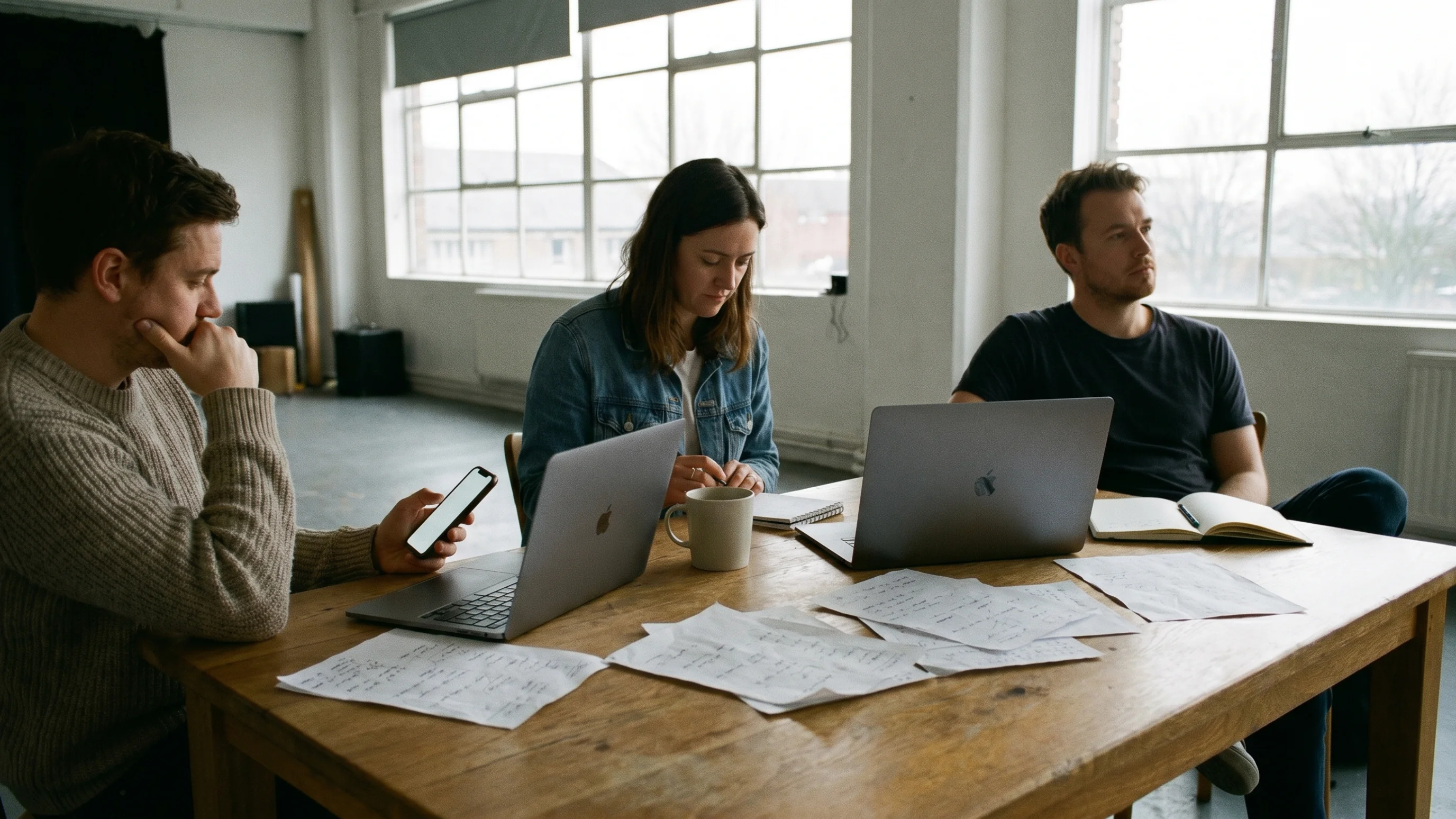 Teamleden die weinig betrokken zijn bij digitale tools op kantoor — illustratie van gebrekkige adoptie na software-implementatie
