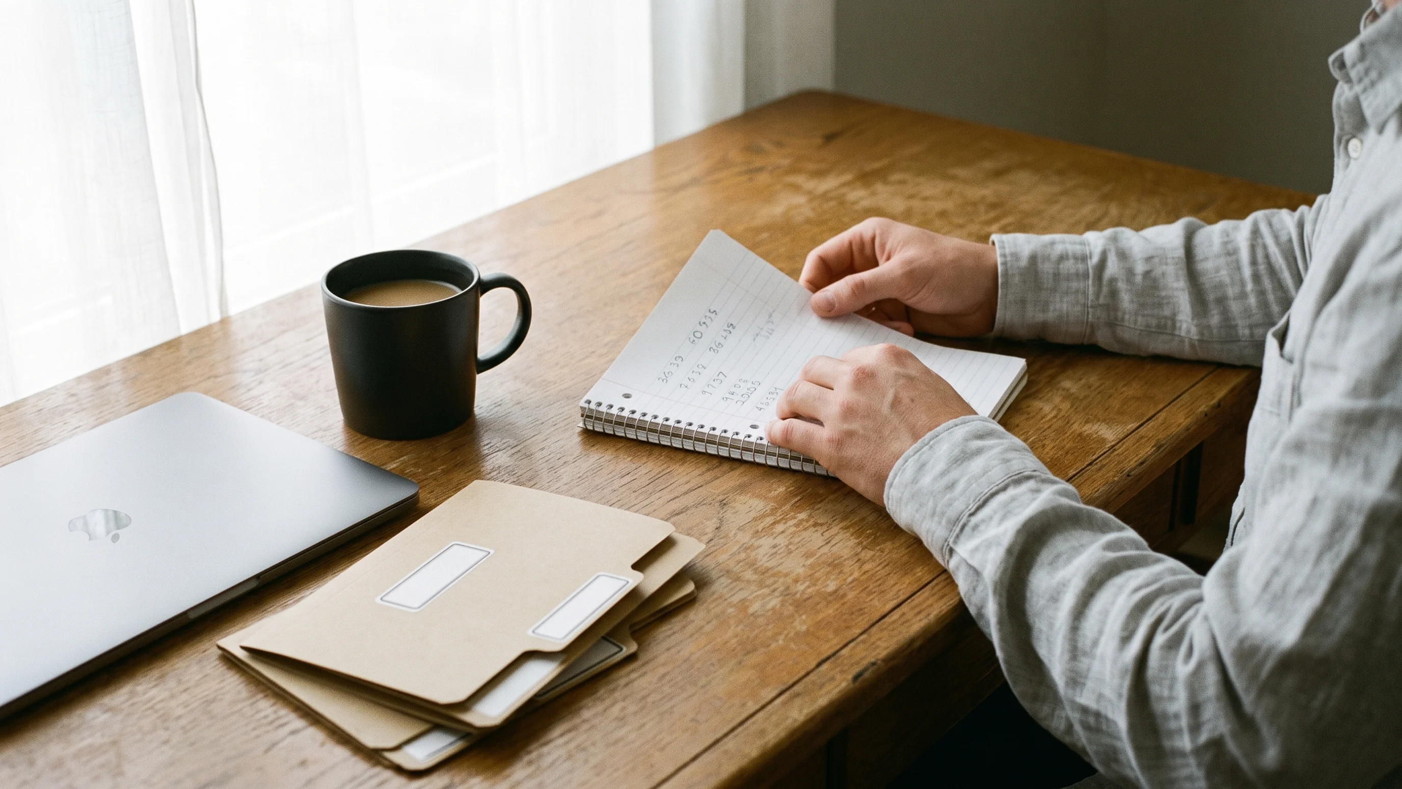 Persoon bekijkt kostenoverzicht CRM in notitieboek op houten bureau met laptop en koffie