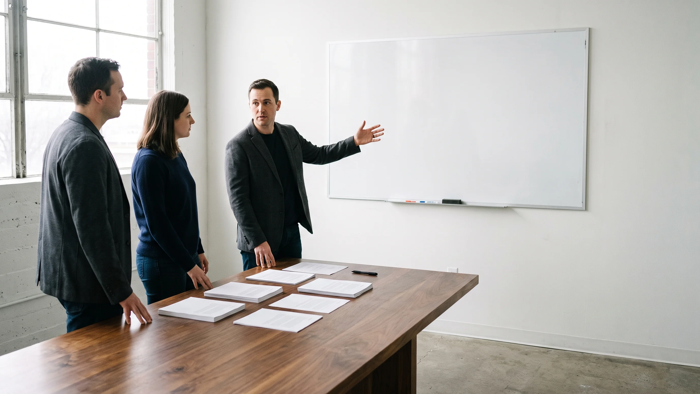 Collega's bespreken CRM-kosten en implementatieplan aan vergadertafel met aantekeningen