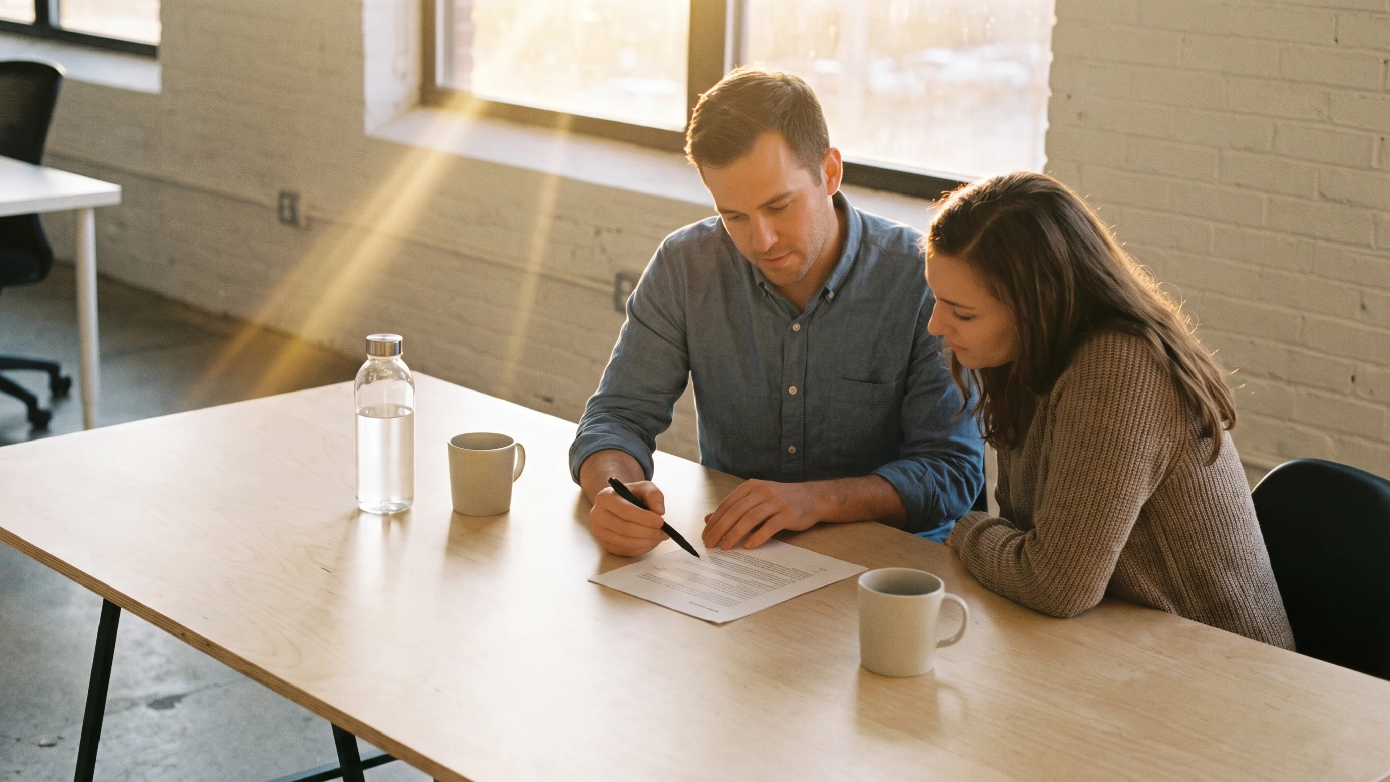 Twee collega's bespreken een CRM-keuzedocument aan een licht houten tafel in een modern kantoor