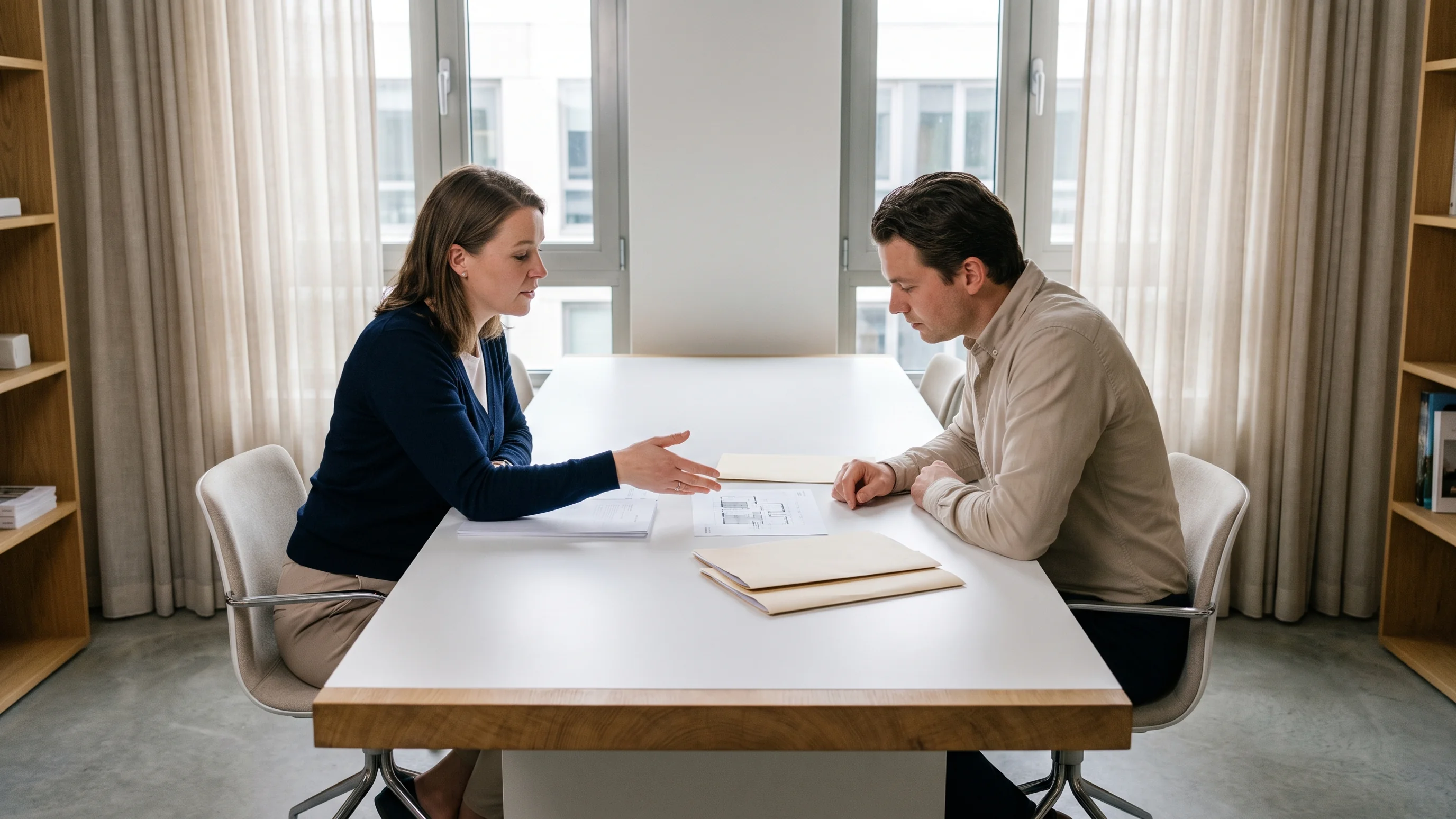 Twee collega's bespreken bedrijfssoftware aan een vergadertafel met documenten — ERP of CRM keuze