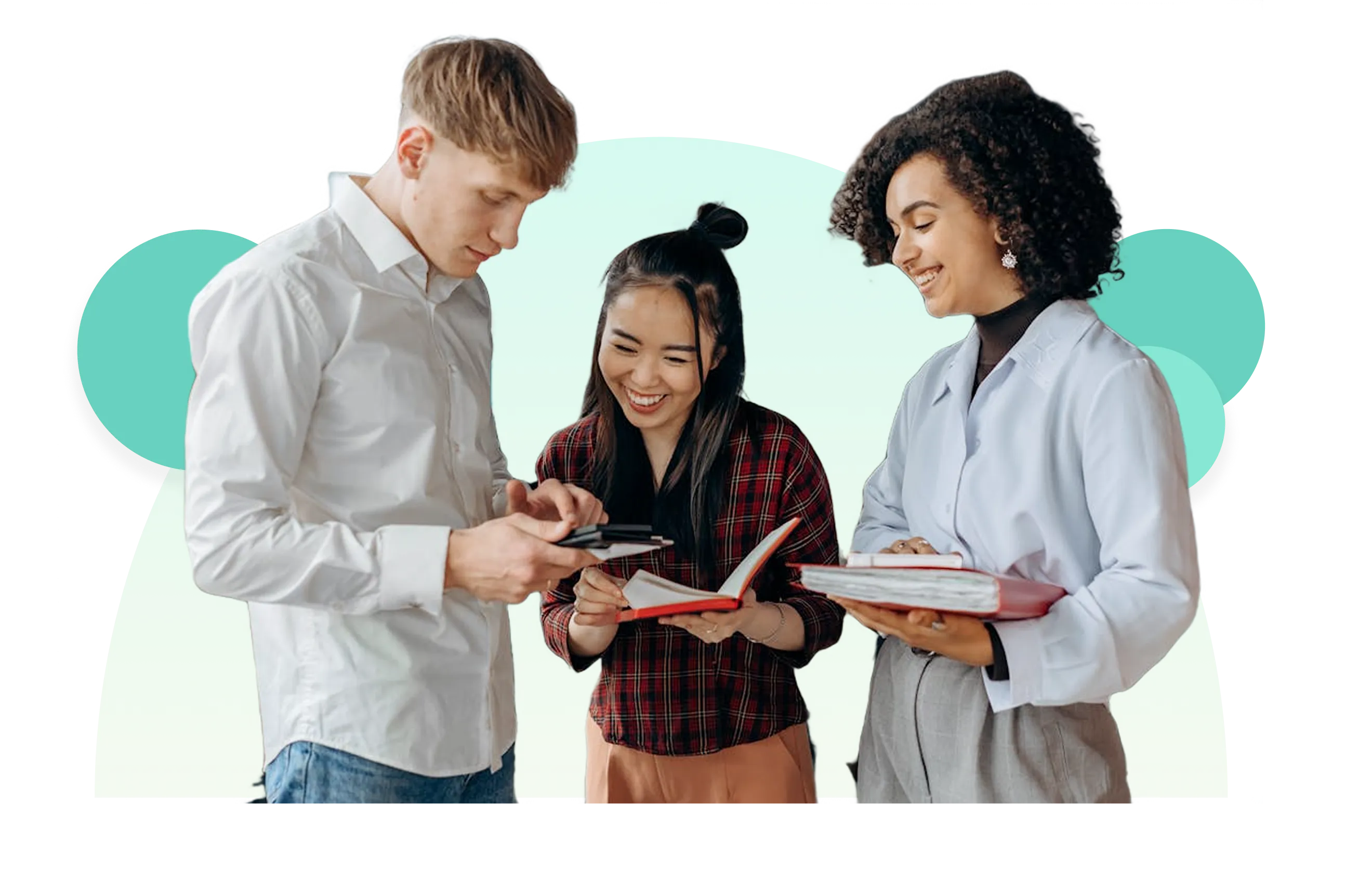 Three young adults smiling and studying together while holding books and a smartphone.