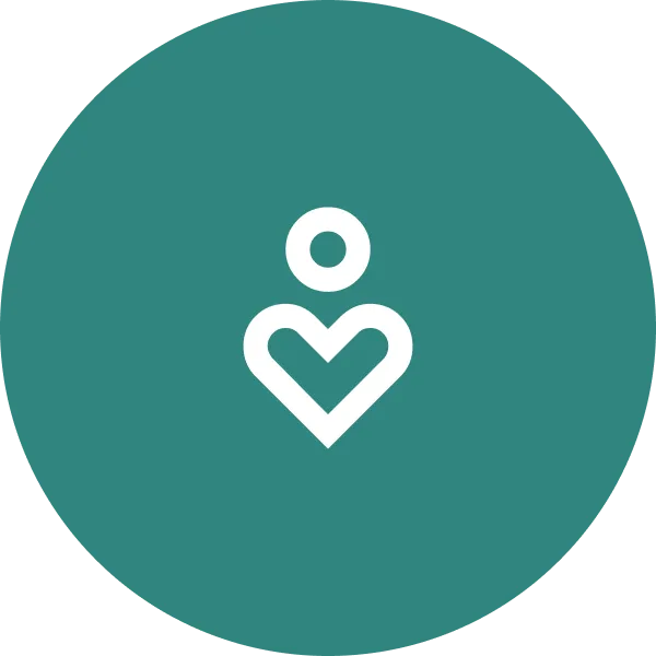 White abstract person icon with a heart-shaped body on teal circular background.