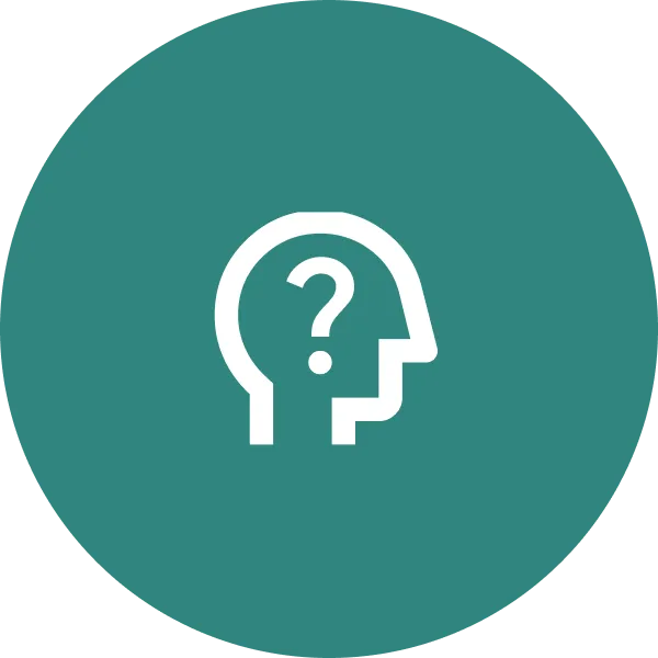 White head silhouette with a question mark inside on a teal circular background, symbolizing curiosity or inquiry.