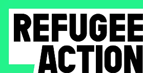 Black bold text reading 'REFUGEE ACTION' on a green background.