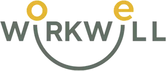Logo with the word 'WORKWELL' featuring stylized orange letters 'o' and 'e' and a curved line connecting them under the text.