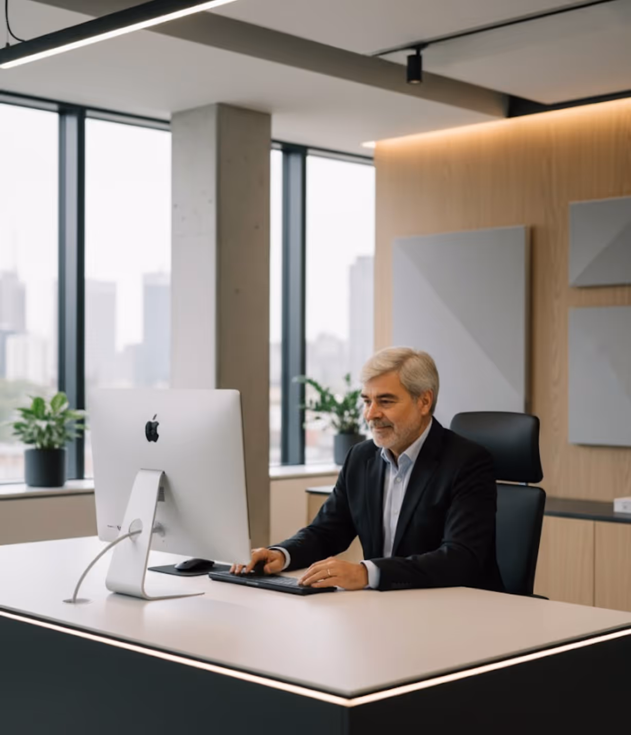 Älterer Mann mit grauen Haaren sitzt an einem Schreibtisch und arbeitet an einem Apple-Computer in einem modernen Büro mit großen Fenstern.
