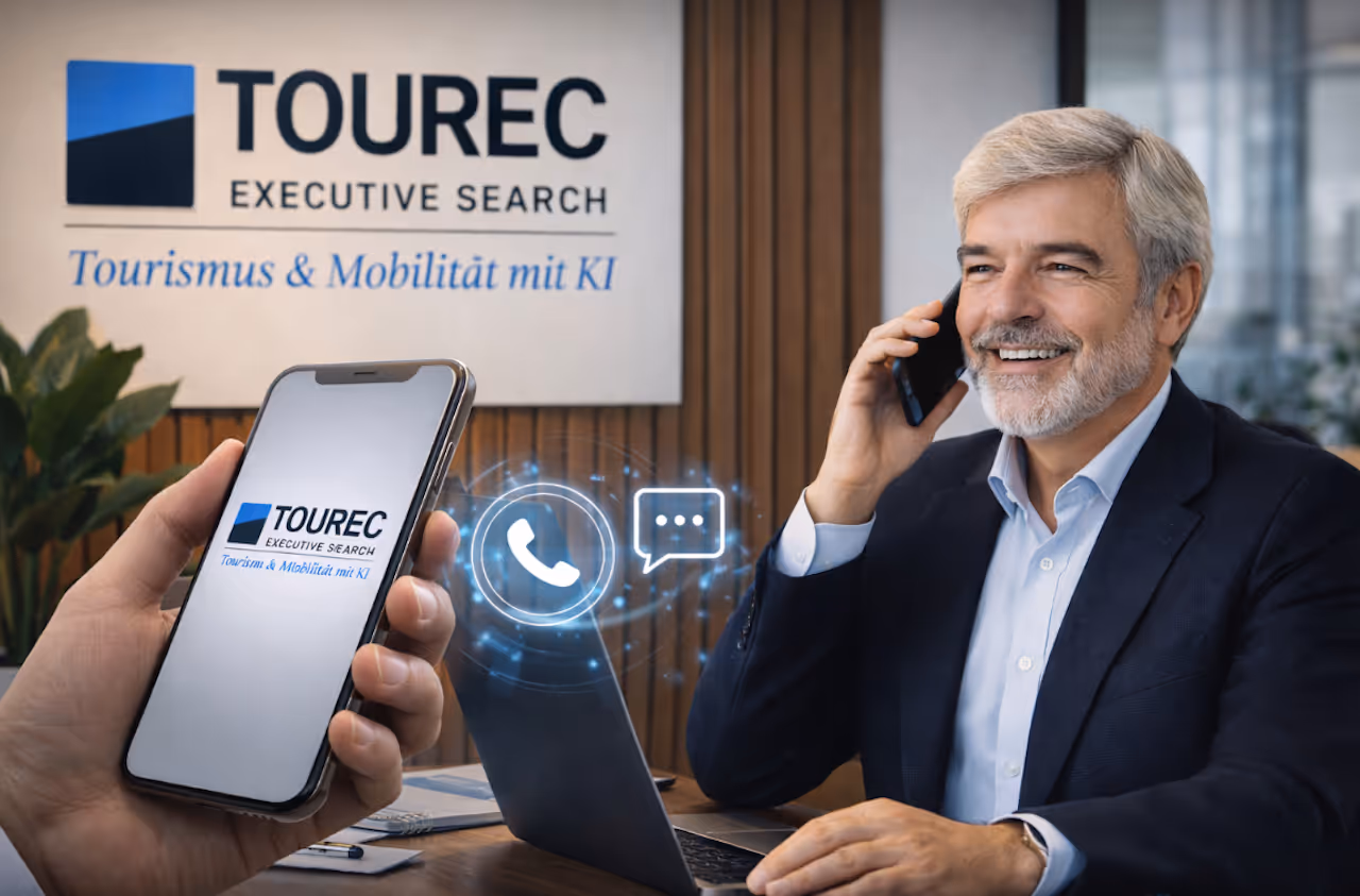 Ein älterer Mann in Anzug spricht lächelnd am Telefon, während eine Hand ein Smartphone mit dem TOUREC Executive Search Logo und dem Text ‚Tourismus & Mobilität mit KI‘ hält.