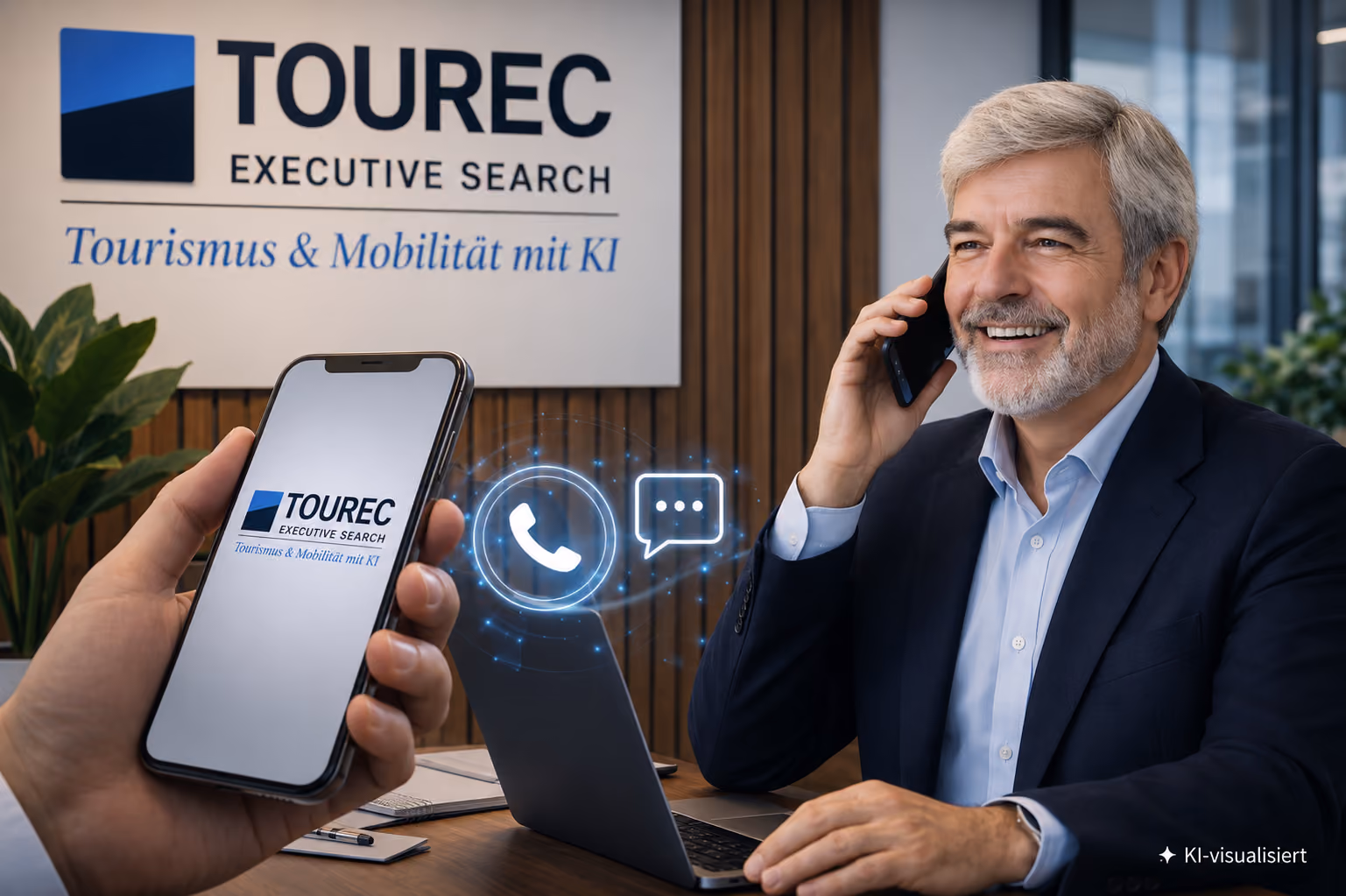Ein älterer Mann in Anzug spricht lächelnd am Telefon, während eine Hand ein Smartphone mit dem TOUREC Executive Search Logo und dem Text ‚Tourismus & Mobilität mit KI‘ hält.
