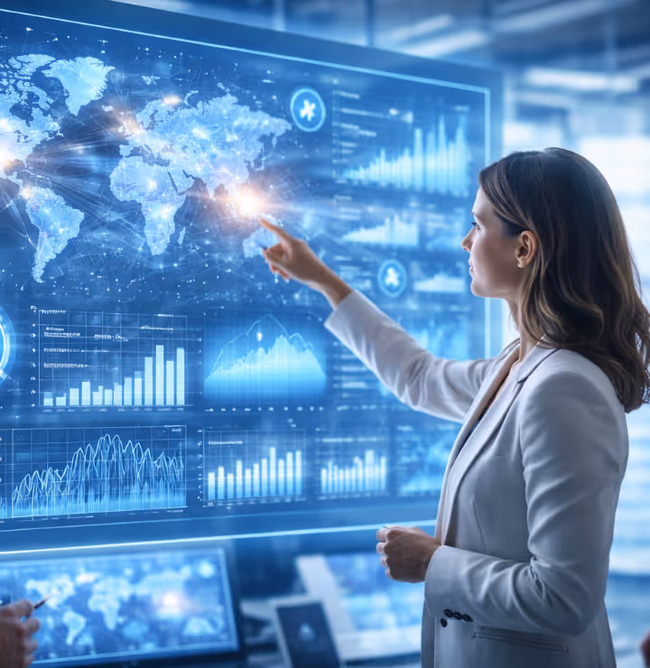 Frau im TOUREC-Büro berührt interaktives digitales Display mit Weltkarte und Datenanalysen in Blau.