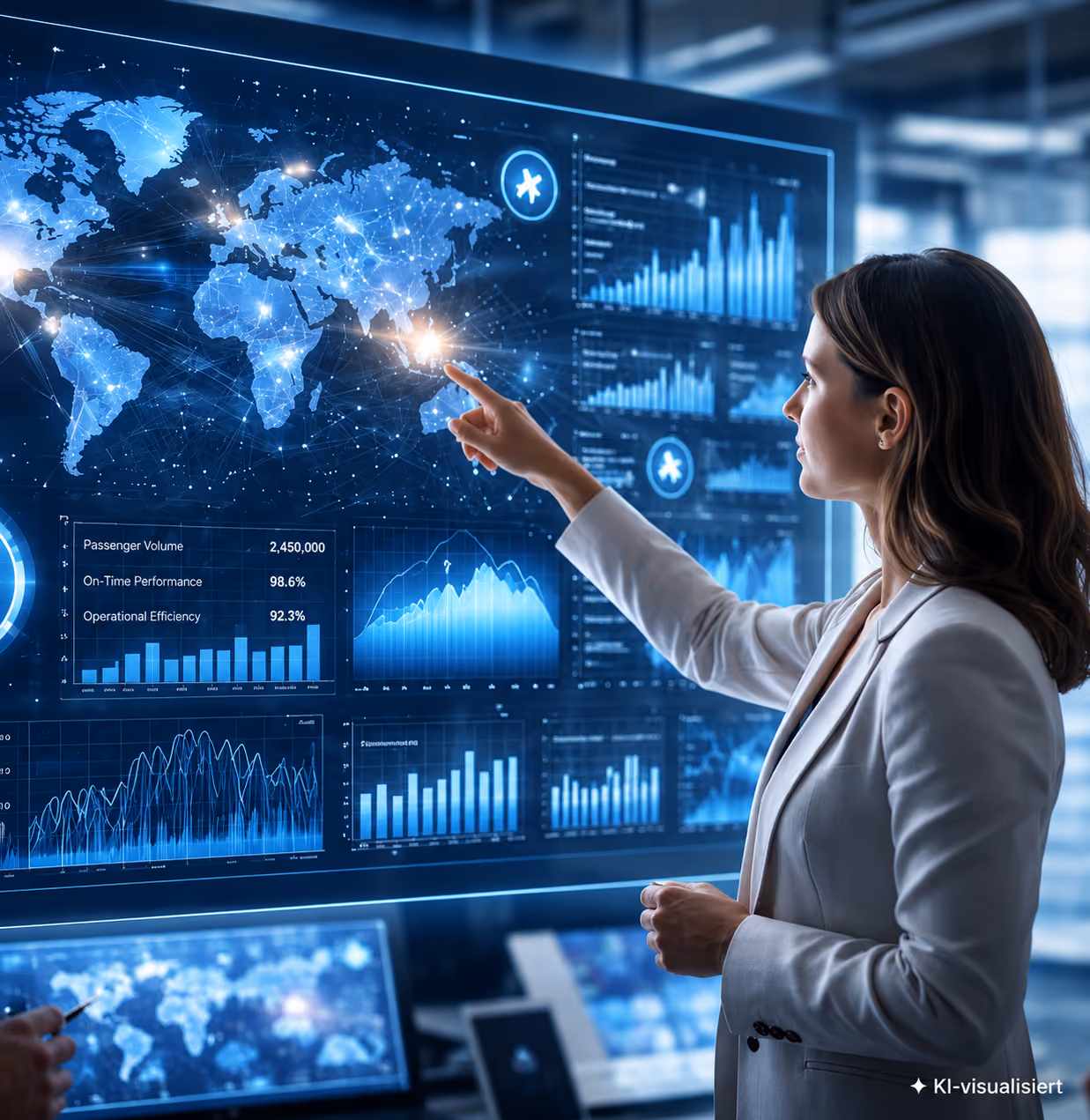 Frau im TOUREC-Büro berührt interaktives digitales Display mit Weltkarte und Datenanalysen in Blau.