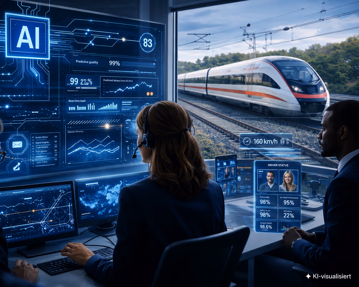 Zwei Personen mit Headsets überwachen per KI-basierter Computersoftware einen fahrenden Hochgeschwindigkeitszug vor einem Kontrollraumfenster.