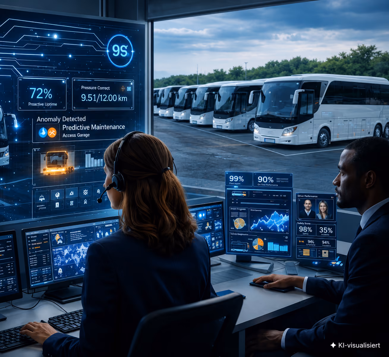 Zwei Fachleute überwachen vor einem Fenster mit Blick auf eine geparkte Busflotte digitale Dashboards für vorausschauende Wartung.