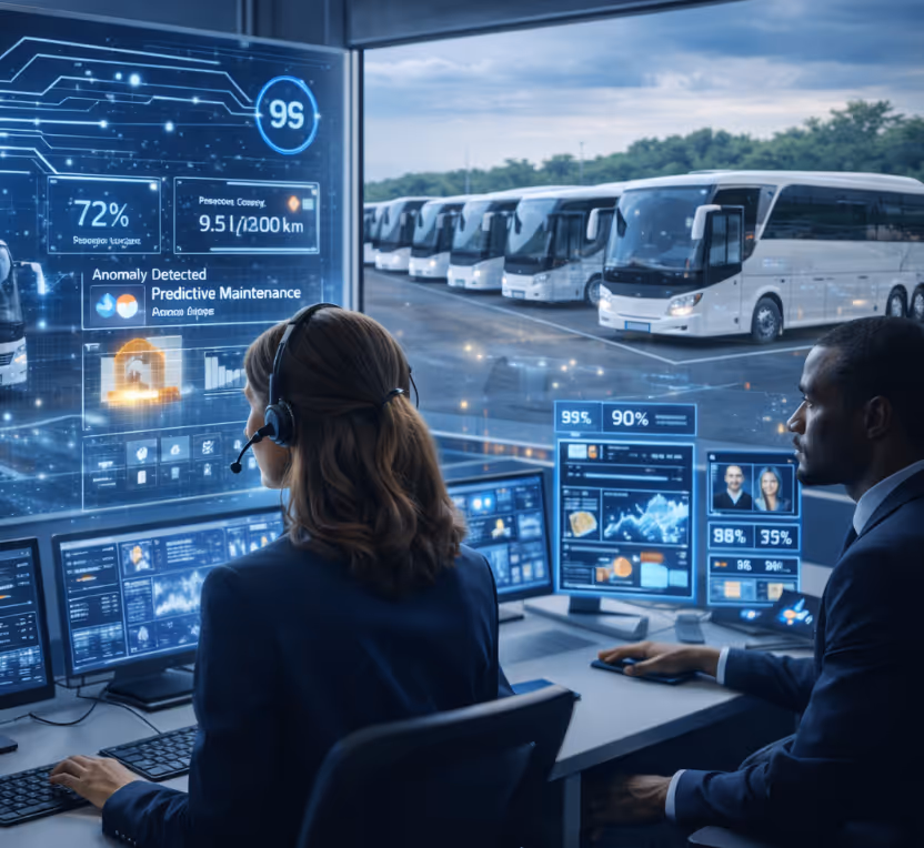 Zwei Fachleute überwachen vor einem Fenster mit Blick auf eine geparkte Busflotte digitale Dashboards für vorausschauende Wartung.