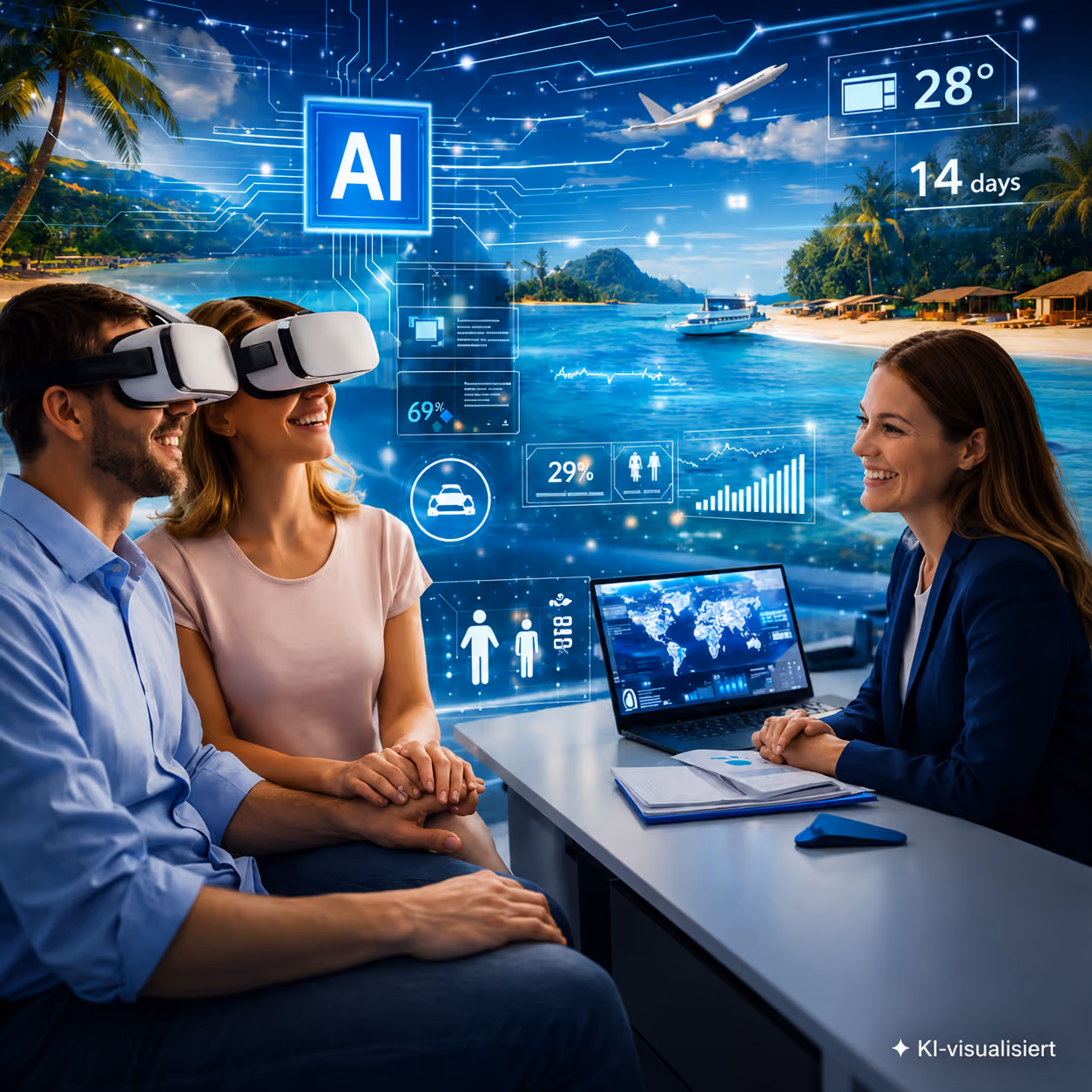 Paar mit VR-Brillen hält Händchen, sitzt einem professionellen Berater gegenüber mit einem Laptop, digitale AI-Daten und Grafiken überlagert, tropische Strandkulisse im Hintergrund.