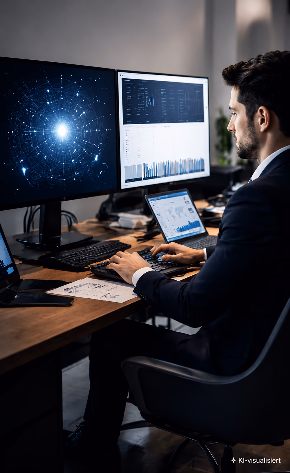 Ein Mann in Anzug arbeitet an einem Schreibtisch mit zwei großen Monitoren, die Daten und ein Netzwerkdiagramm anzeigen.