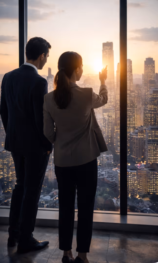 Zwei Geschäftsleute stehen vor einem großen Fenster und betrachten bei Sonnenuntergang eine Stadt mit Wolkenkratzern.