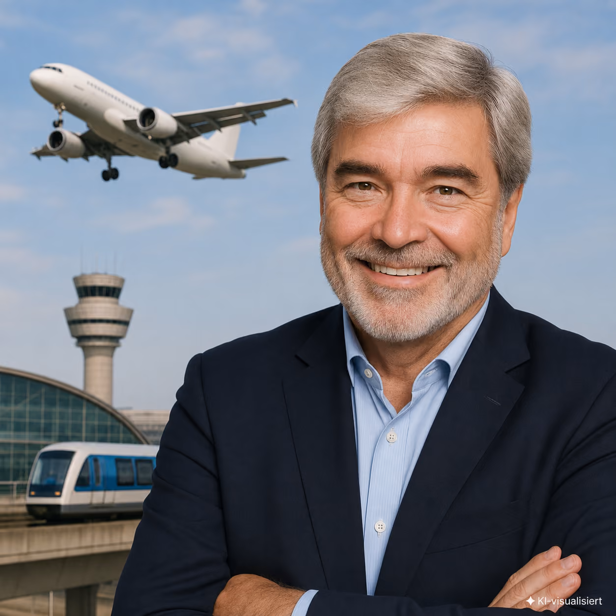 Ein lächelnder älterer Mann mit grauem Haar und Bart steht vor einem Flughafen mit einem startenden Flugzeug, einem Control Tower und einer Bahn.