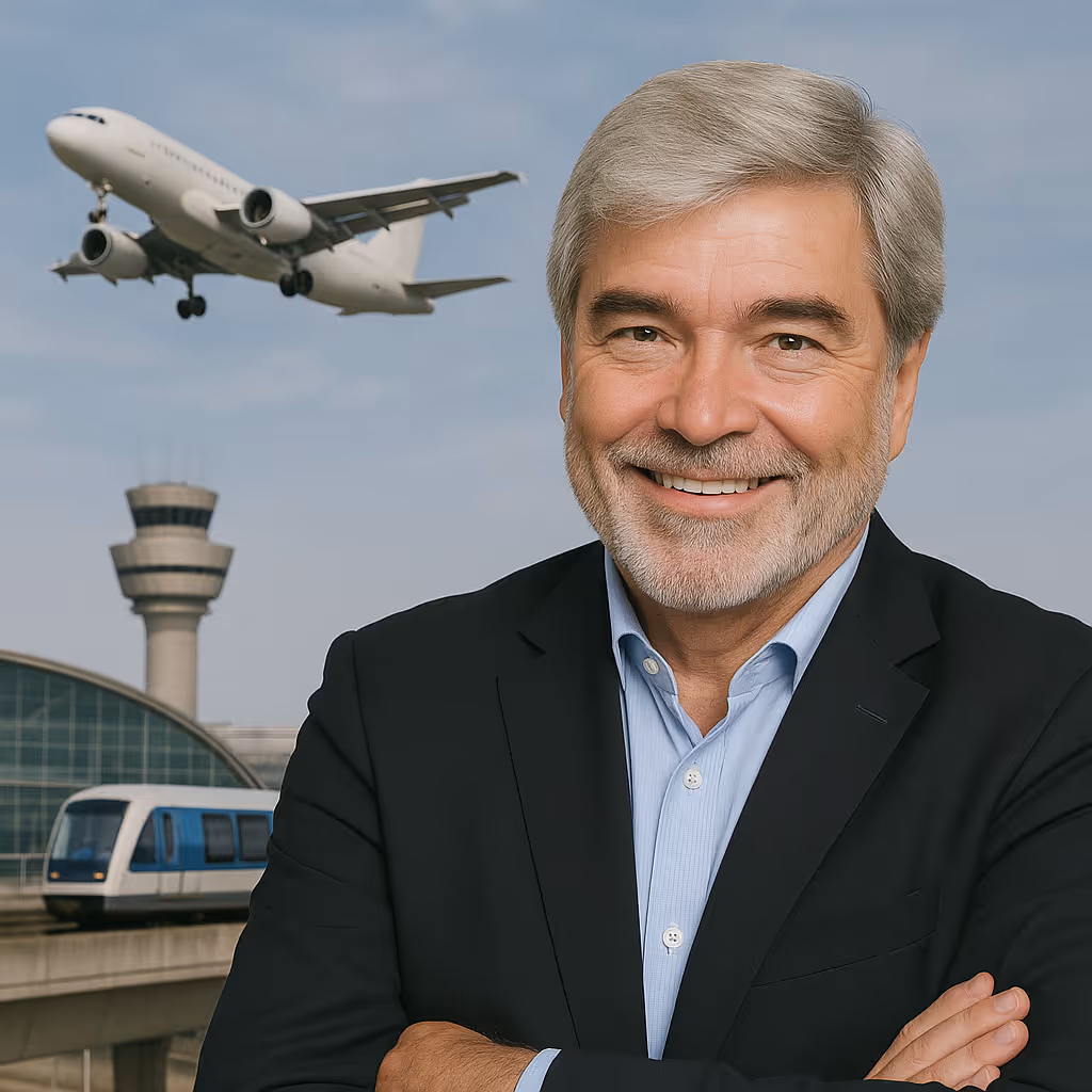 Ein lächelnder älterer Mann mit grauem Haar und Bart steht vor einem Flughafen mit einem startenden Flugzeug, einem Control Tower und einer Bahn.