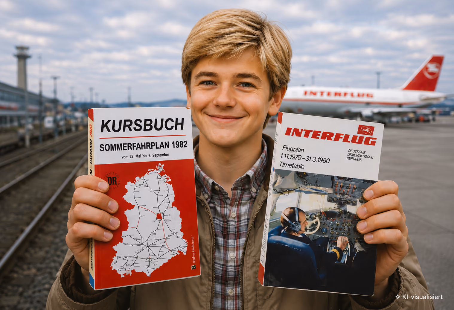 Ein lächelnder Junge hält einen Sommerfahrplan 1982 für Züge und einen Flugplan 1979-1980 der Fluggesellschaft Interflug vor einem Flugzeug am Flughafen.