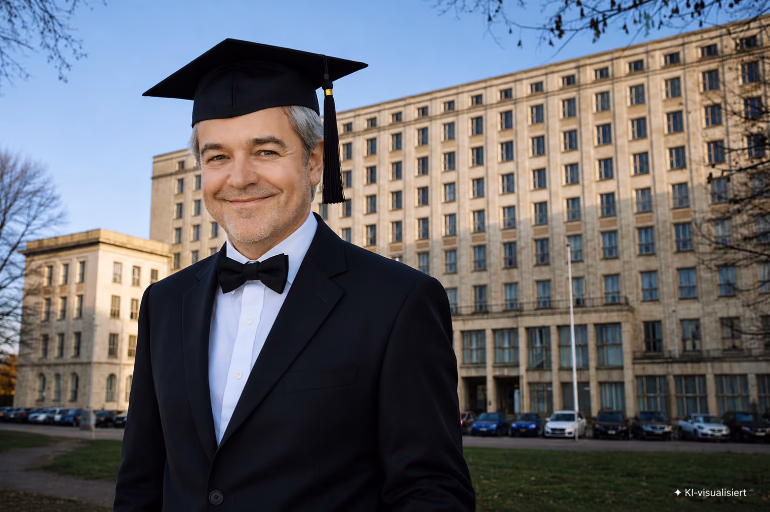 Ein lächelnder Mann mit grauem Haar trägt einen schwarzen Abschlussbachelorhut, schwarzen Anzug und Fliege vor einem großen Gebäude.