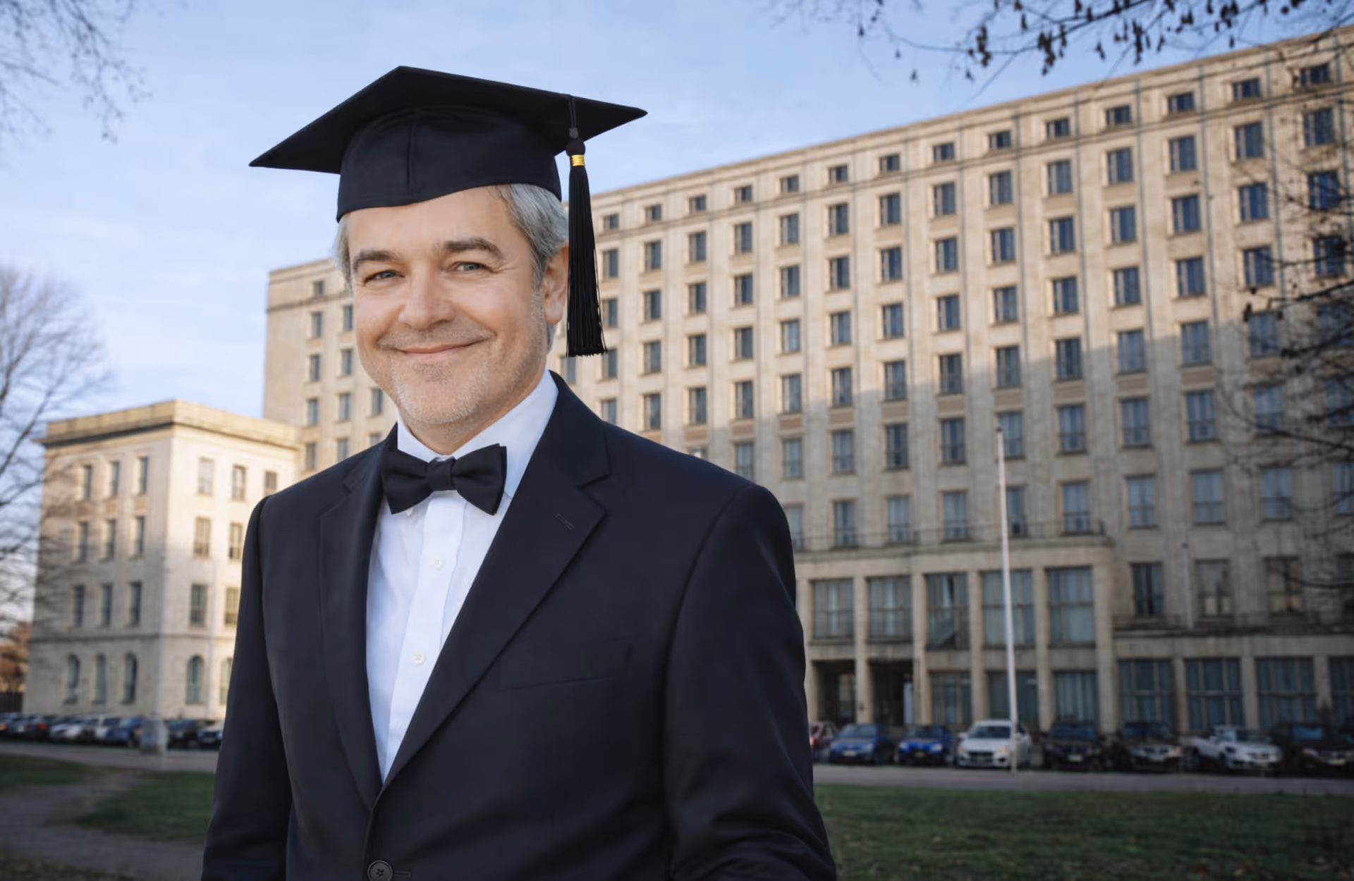 Ein lächelnder Mann mit grauem Haar trägt einen schwarzen Abschlussbachelorhut, schwarzen Anzug und Fliege vor einem großen Gebäude.