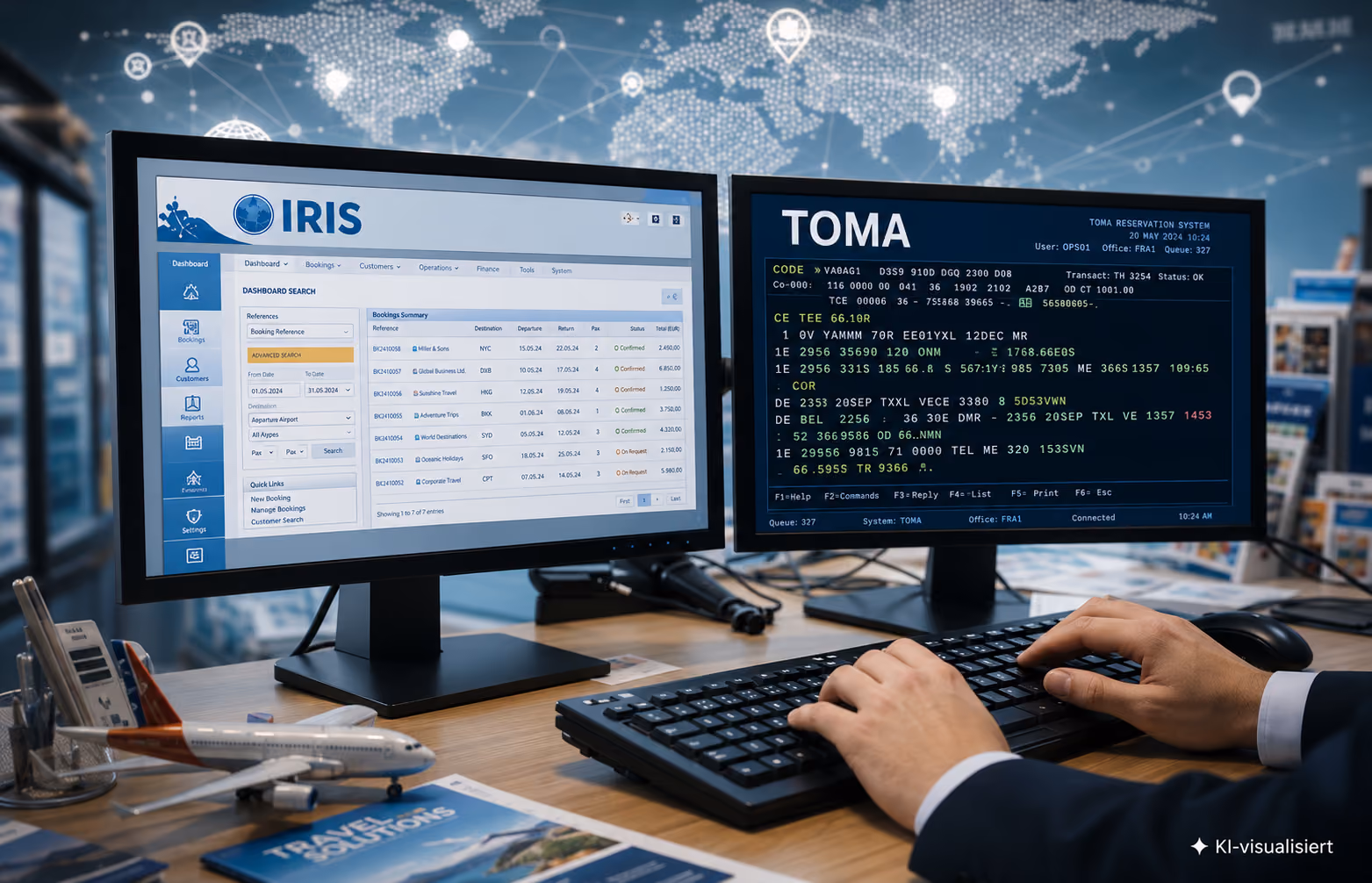 Person tippt auf Tastatur vor zwei Monitoren mit IRIS- und TOMA-Software in einem Büro mit Weltkarte im Hintergrund.