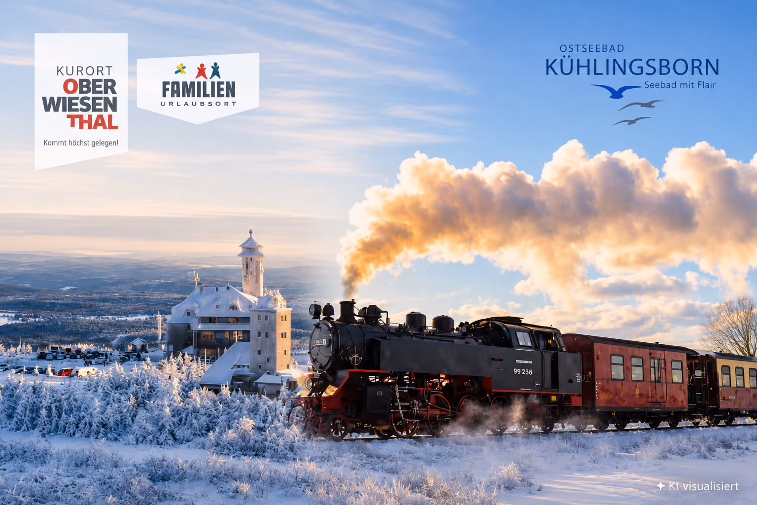 Dampflokomotive fährt durch verschneite Winterlandschaft mit Schloss und blauem Himmel.