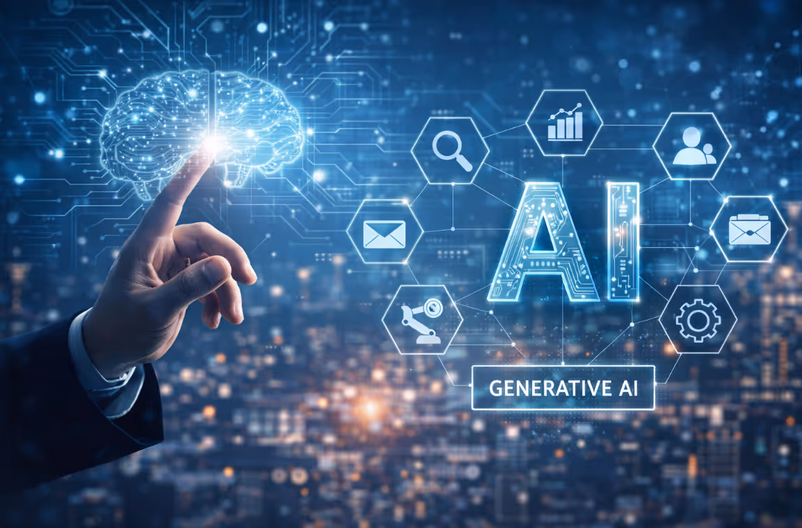 Hand zeigt auf ein leuchtendes digitales Gehirn neben dem Schriftzug ‚AI‘ und verschiedenen Symbolen für Technologie und Generative KI.