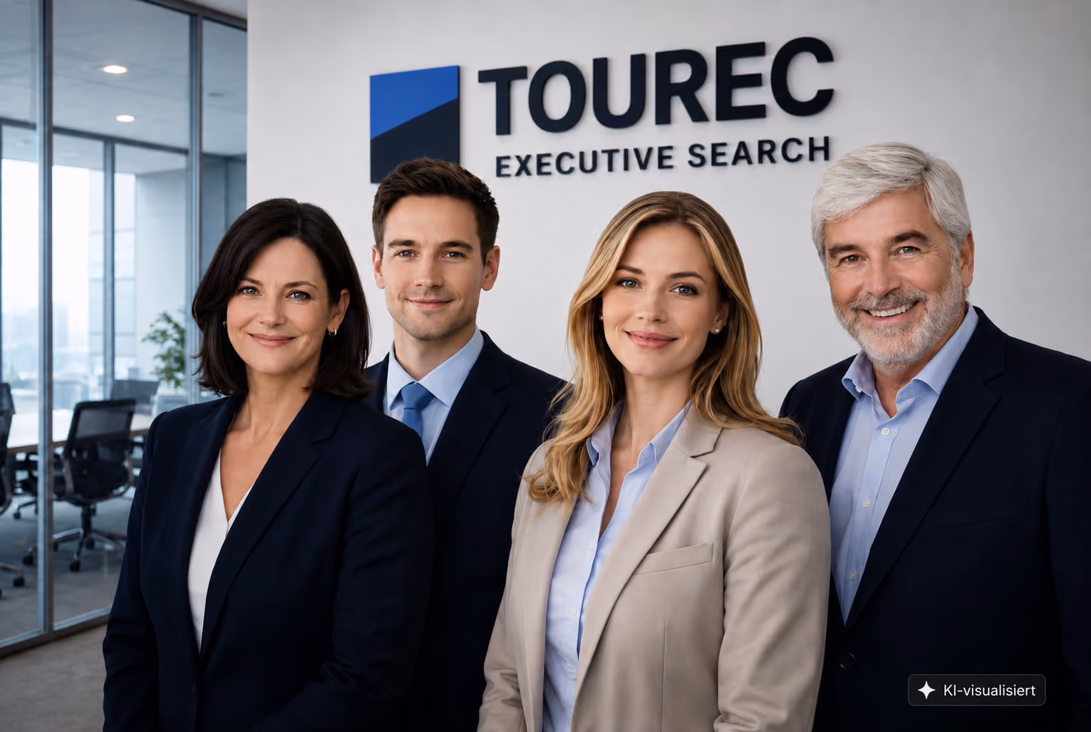 Vier gut gekleidete Geschäftspersonen stehen vor einer Wand mit dem Schriftzug 'TOUREC Executive Search' in einem modernen Büro. Es ist das TOUREC KI-Team (Avatare) mit Uwe Sieblist.