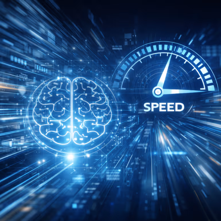 Leuchtendes digitales Gehirn neben einem Tachometer mit dem Wort 'Speed' vor einem futuristischen blauen Hintergrund.