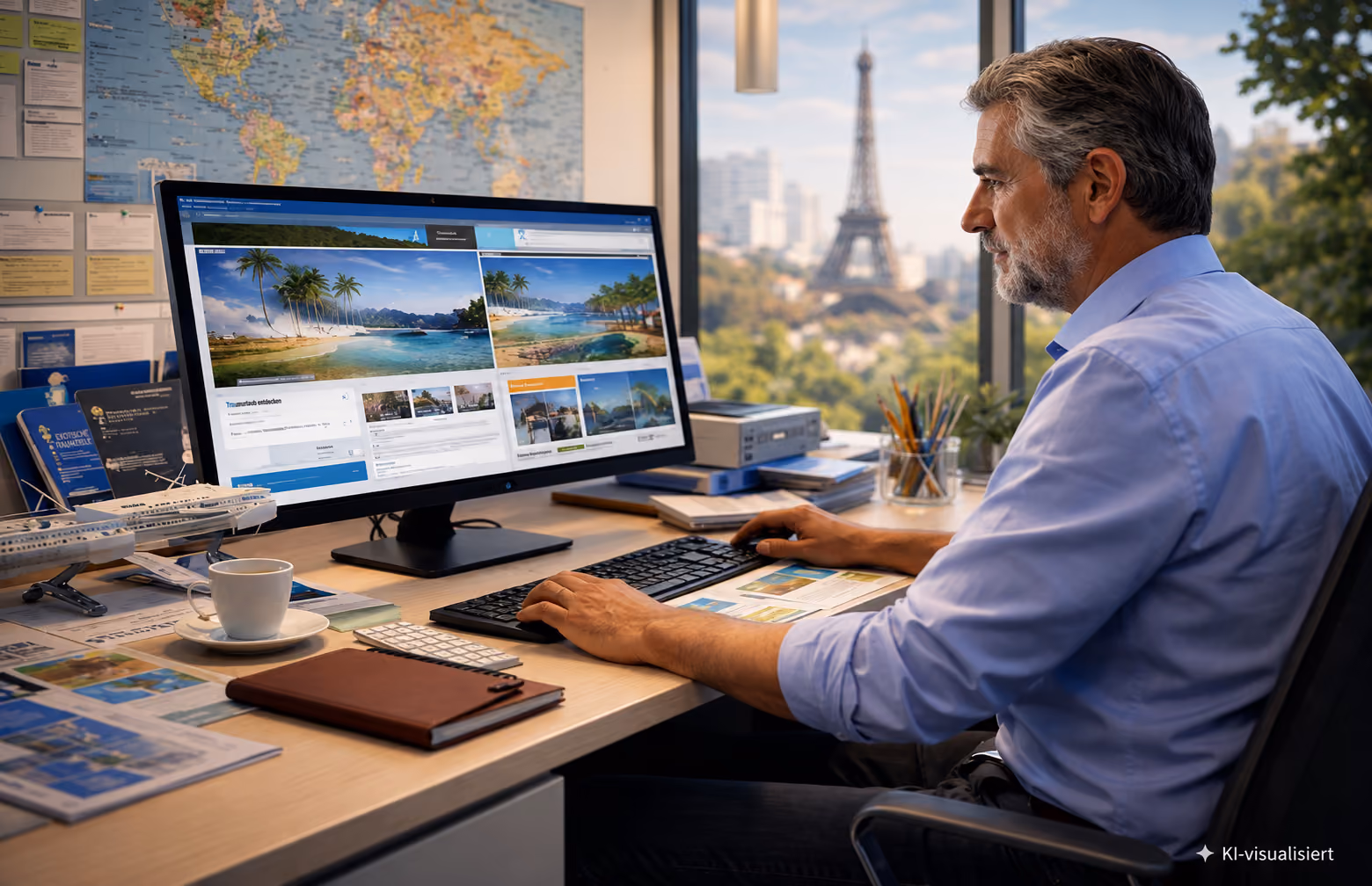 Mann sitzt an Schreibtisch mit Computer, der Strand- und Urlaubsbilder zeigt, im Hintergrund ist der Eiffelturm durch das Fenster zu sehen.