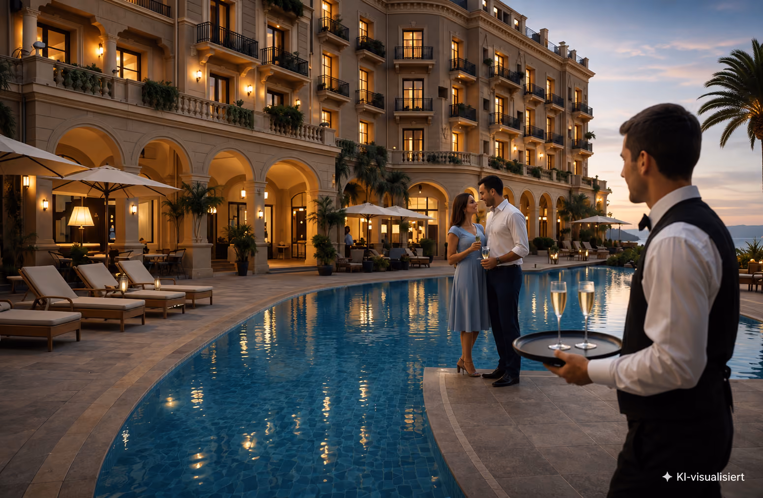 Ein elegantes Paar mit Champagner am Pool eines Luxushotels, bedient von einem Kellner mit einem Tablett.