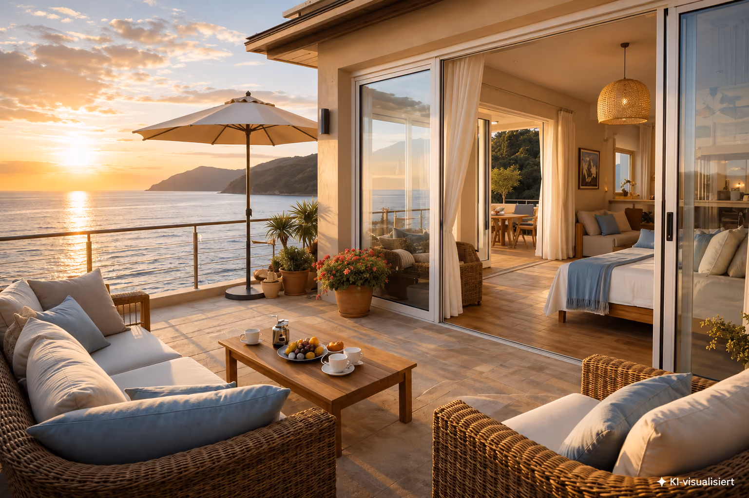 Terrasse mit Korbmöbeln, Kaffeetisch und Sonnenschirm mit Blick auf das Meer bei Sonnenuntergang, angrenzend an ein gemütliches Schlafzimmer und Wohnzimmer.