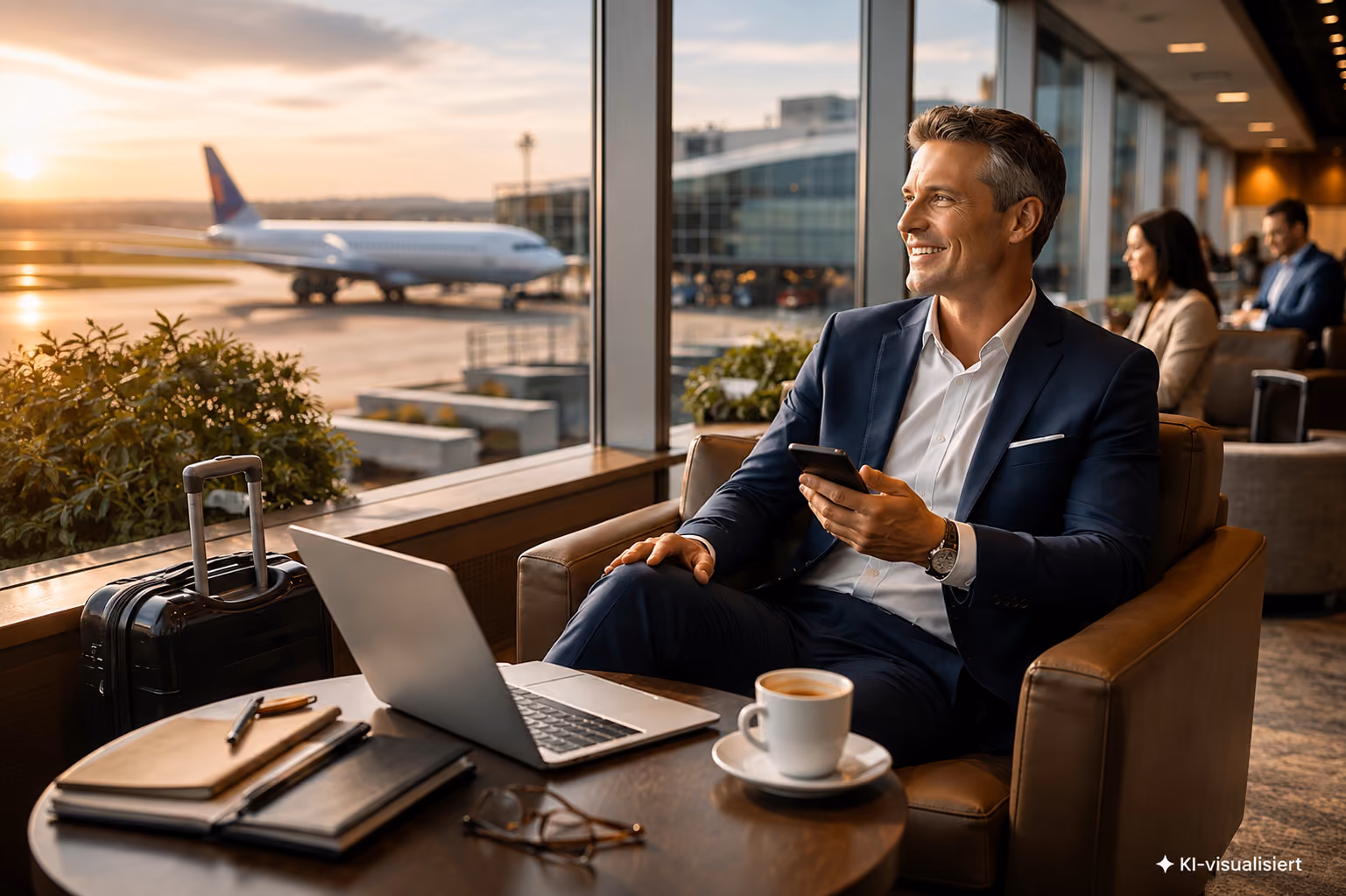 Geschäftsmann sitzt am Flughafen in der Lounge mit Laptop, Handy und einem Kaffeebecher vor sich, Blick auf ein wartendes Flugzeug draußen.