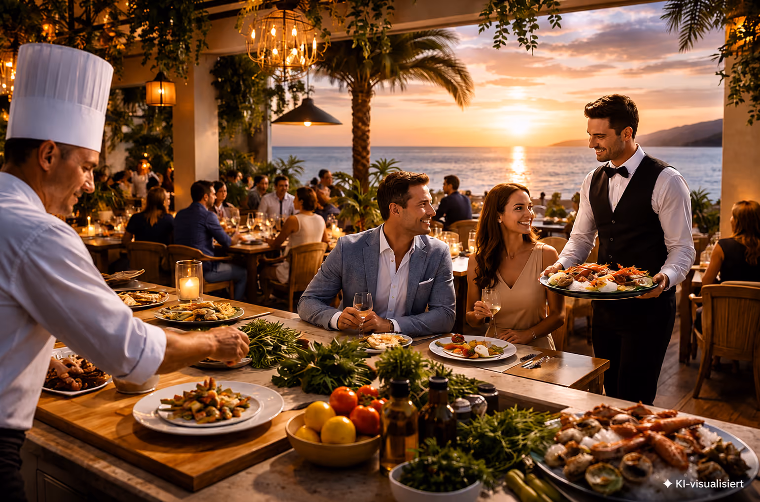 Paar sitzt in einem Restaurant am Meer, Kellner serviert Meeresfrüchte, Koch bereitet Speisen mit frischen Kräutern zu.