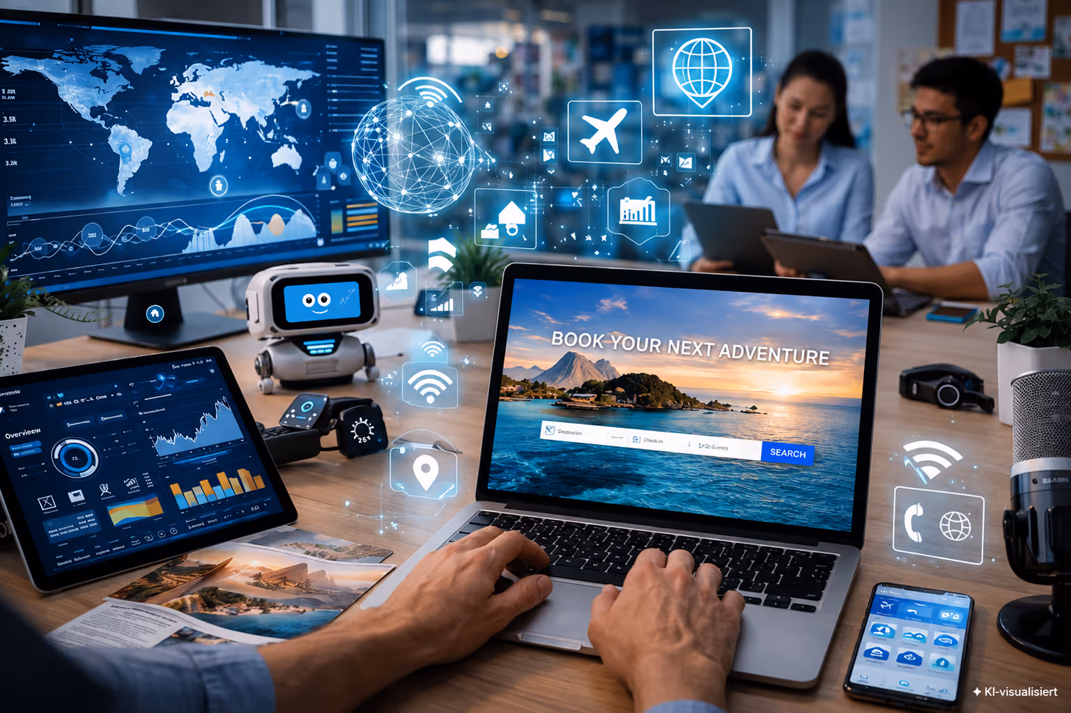 Person bucht eine Reise am Laptop mit der Anzeige 'Book Your Next Adventure', digitale Reise- und Netzwerksymbole schweben, zwei Personen arbeiten im Hintergrund.