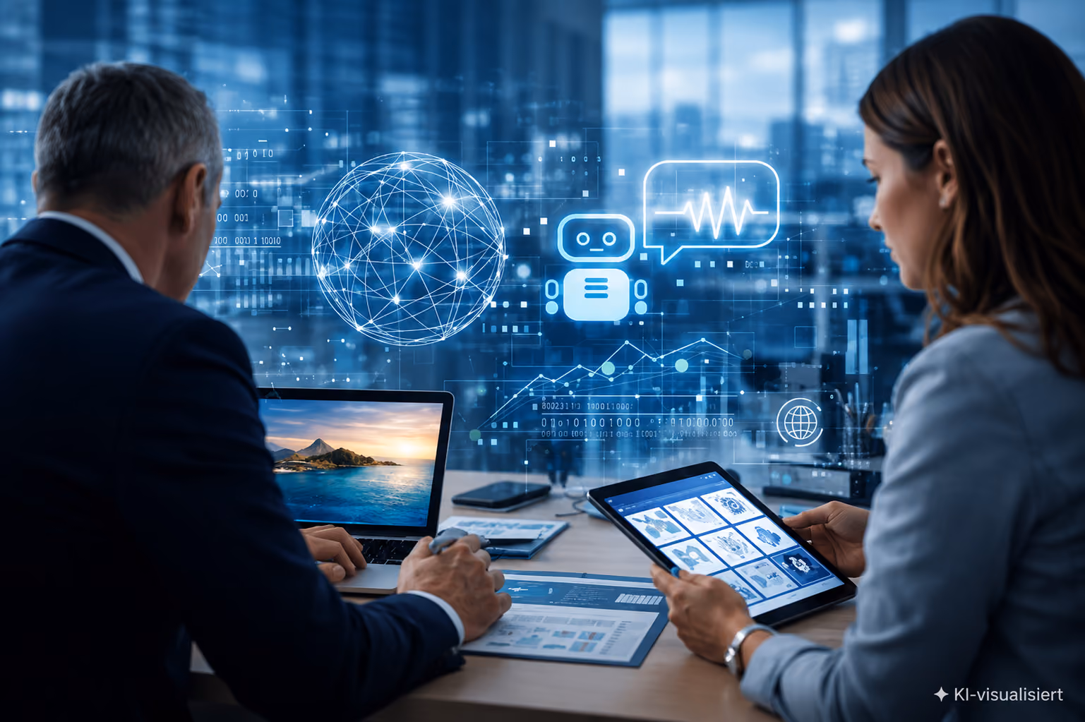 Zwei Personen arbeiten an einem Tisch mit Laptop und Tablet, umgeben von digitalen KI- und Datenvisualisierungen.