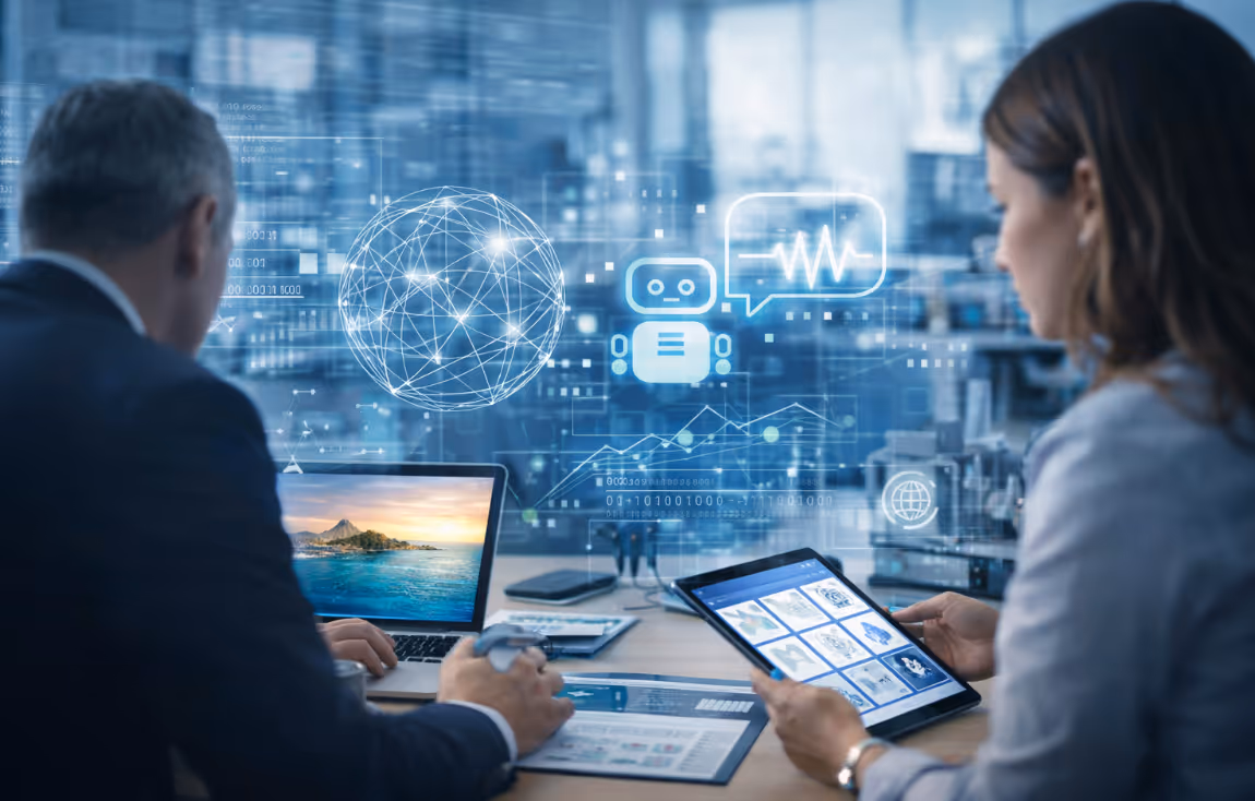 Zwei Personen arbeiten an einem Tisch mit Laptop und Tablet, umgeben von digitalen KI- und Datenvisualisierungen.