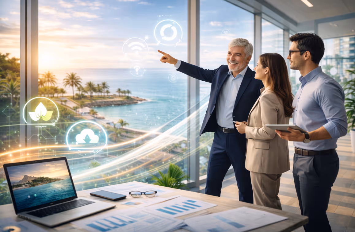 Drei Geschäftsleute in einem Büro mit Meerblick, die virtuelle Umwelt- und Technologie-Icons betrachten.