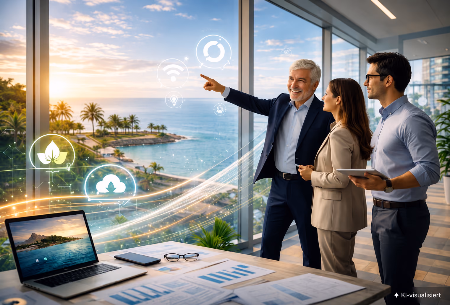Drei Geschäftsleute in einem Büro mit Meerblick, die virtuelle Umwelt- und Technologie-Icons betrachten.