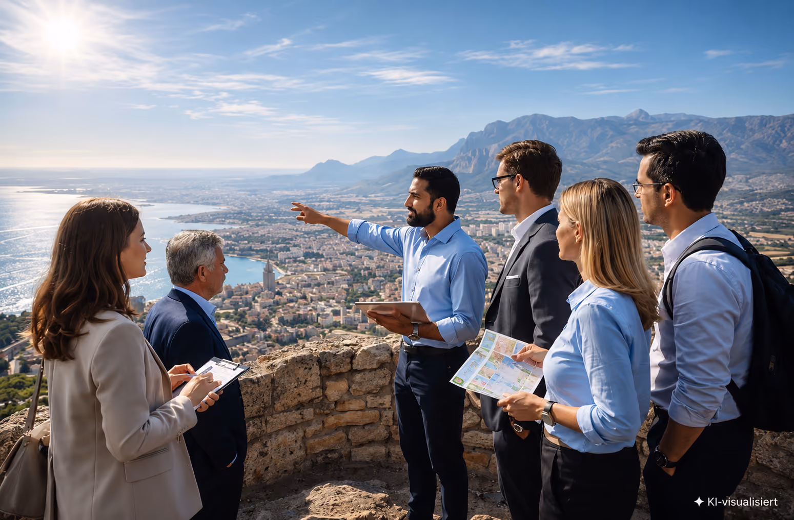 Fünf Geschäftsleute stehen auf einem Aussichtspunkt mit Stadt- und Bergblick, einer zeigt mit dem Arm in die Ferne, eine Frau hält eine Karte.