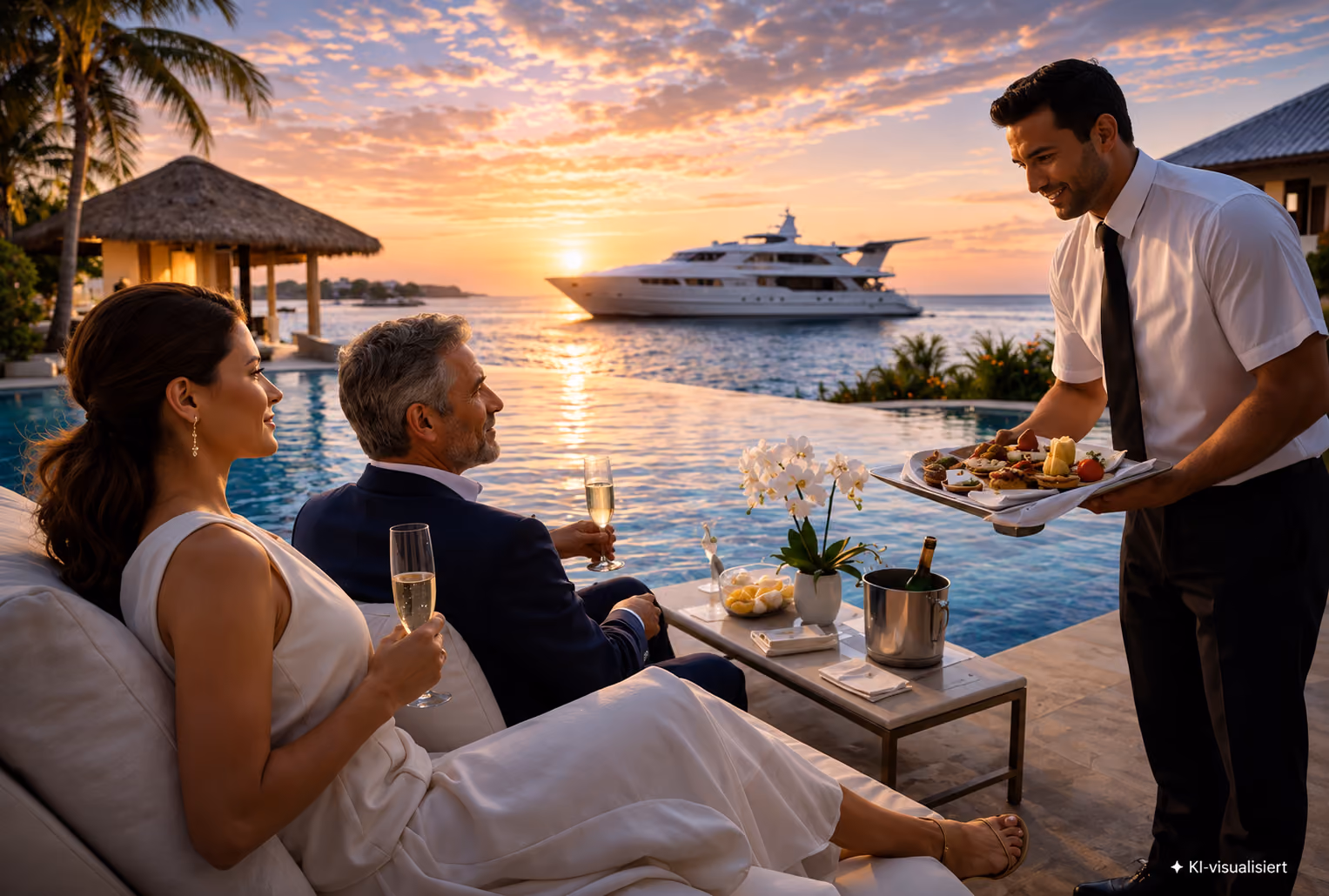 Paar sitzt mit Champagner am Pool, während ein Kellner ihnen Snacks serviert und im Hintergrund eine Yacht bei Sonnenuntergang zu sehen ist.