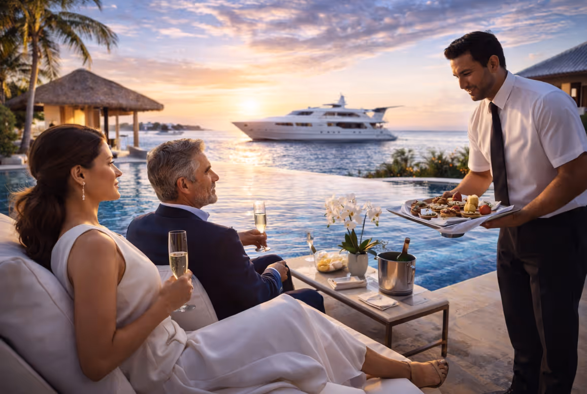 Paar sitzt mit Champagner am Pool, während ein Kellner ihnen Snacks serviert und im Hintergrund eine Yacht bei Sonnenuntergang zu sehen ist.