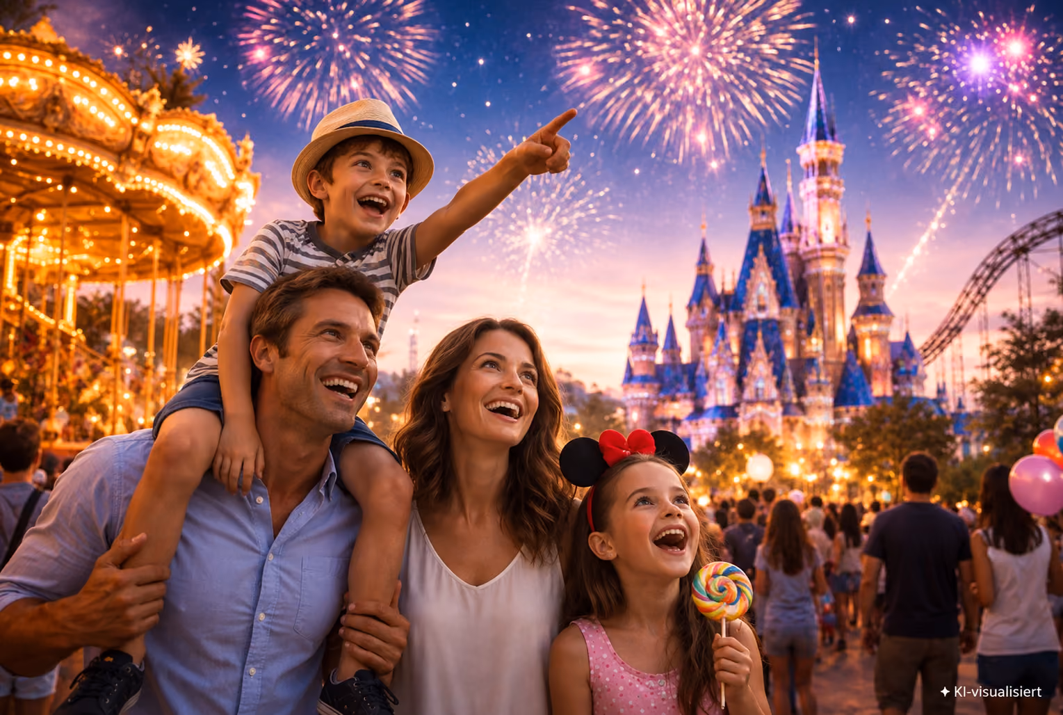 Glückliche Familie mit Kind auf Schultern und Mädchen mit Mickey-Maus-Ohren vor einem Märchenschloss bei Feuerwerk.