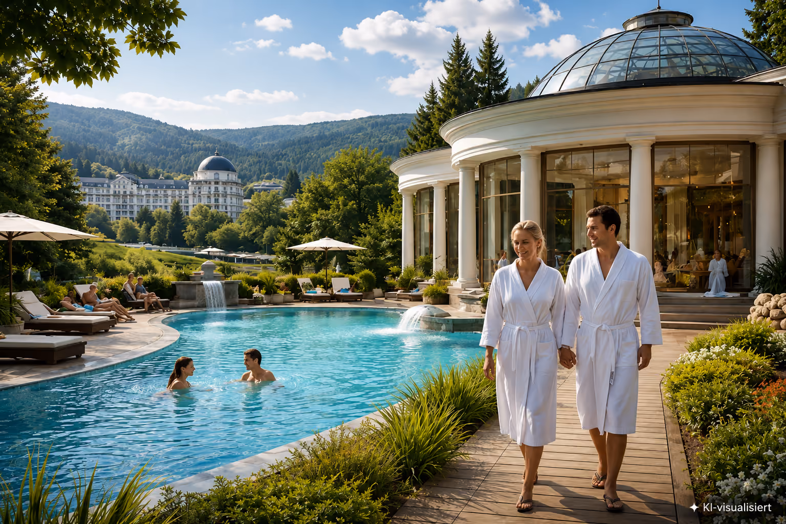 Paar in weißen Bademänteln, das am Pool eines luxuriösen Spa-Resorts in einer grünen Berglandschaft spazieren geht.